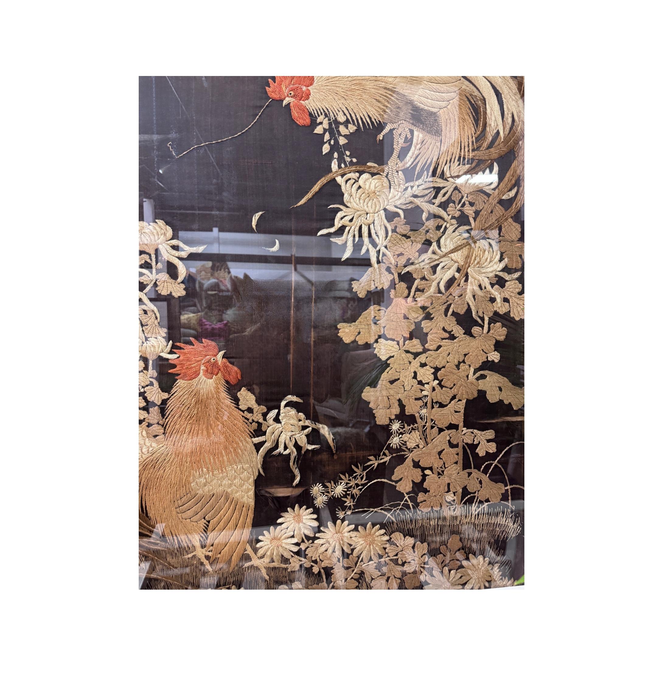 20th Century Qing Dynasty Embroidered Rooster Tapestry with Wood Frame,  in Lucite Box For Sale