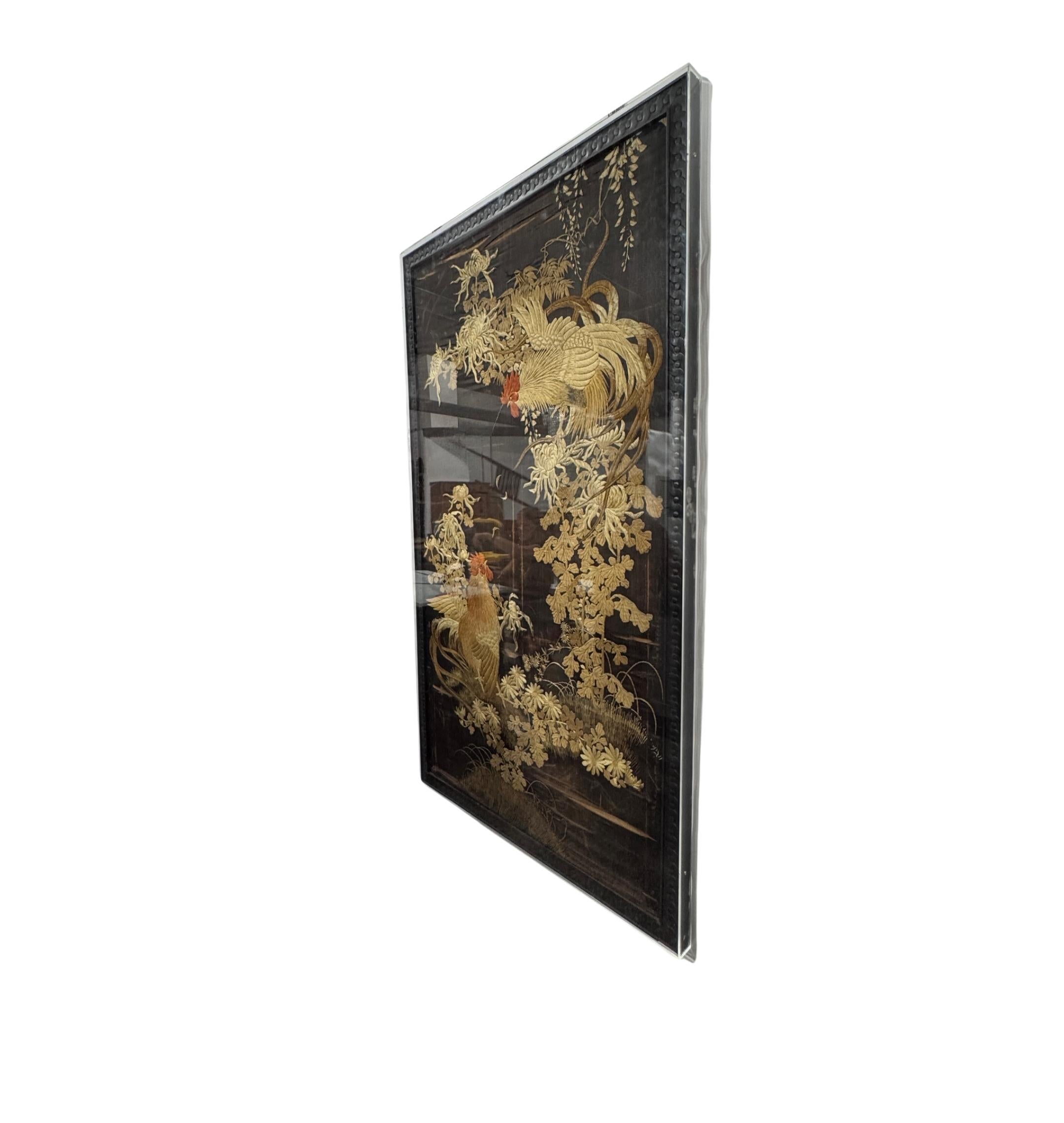 Qing Dynasty Embroidered Rooster Tapestry with Wood Frame,  in Lucite Box For Sale 1