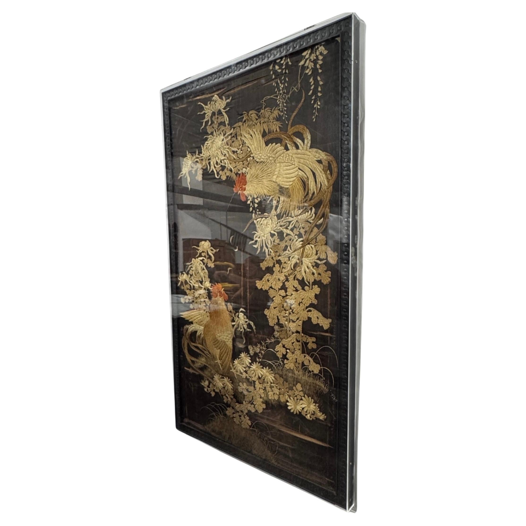 Qing Dynasty Embroidered Rooster Tapestry with Wood Frame,  in Lucite Box For Sale