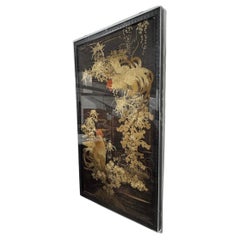 Qing Dynasty Embroidered Rooster Tapestry with Wood Frame,  in Lucite Box