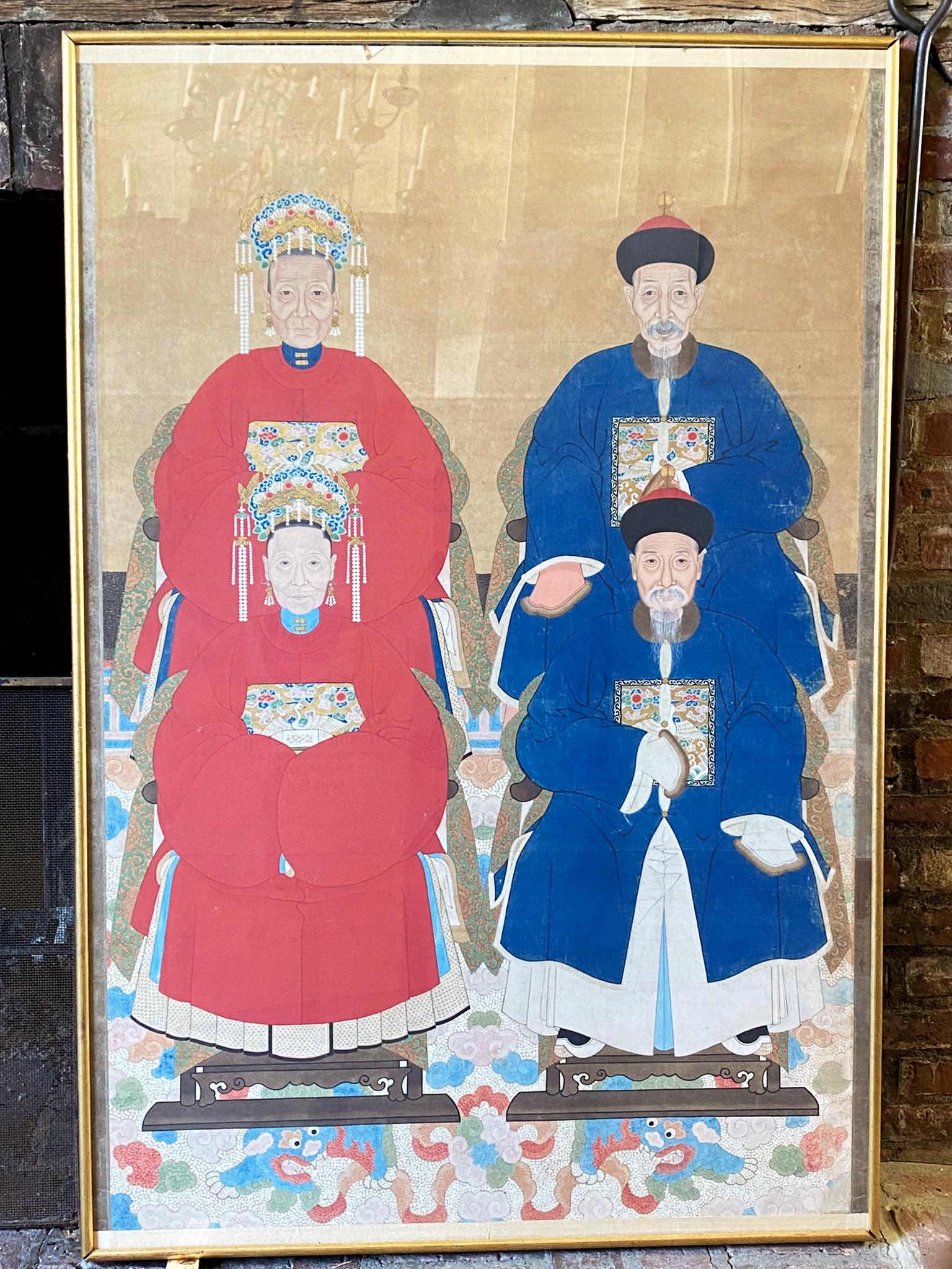 Painted in the 19th century during the Qing Dynasty era, this portrait honors 4 members of an esteemed Mandarin family. It is rendered beautifully in watercolors and gouaches on paper. Each seated figure is dressed in richly hued robes bearing