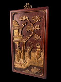 Qing Dynasty Exquisite Chinese Wooden Panel With Raised Figures Gold Leaf (n.2)