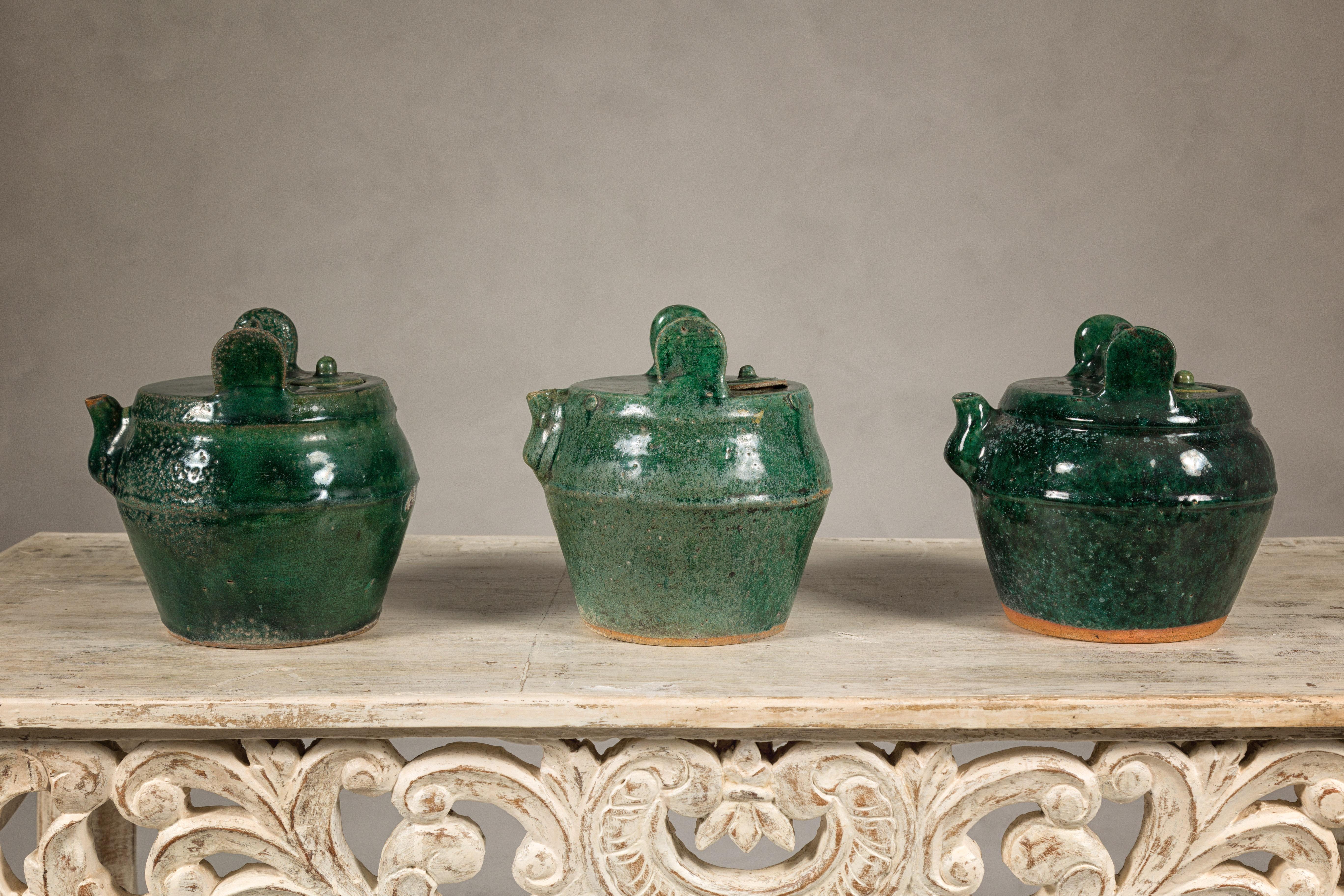 Qing Dynasty Green Glaze Late 19th Century Shiwan Ware Pottery Teapots Sold Each For Sale 7