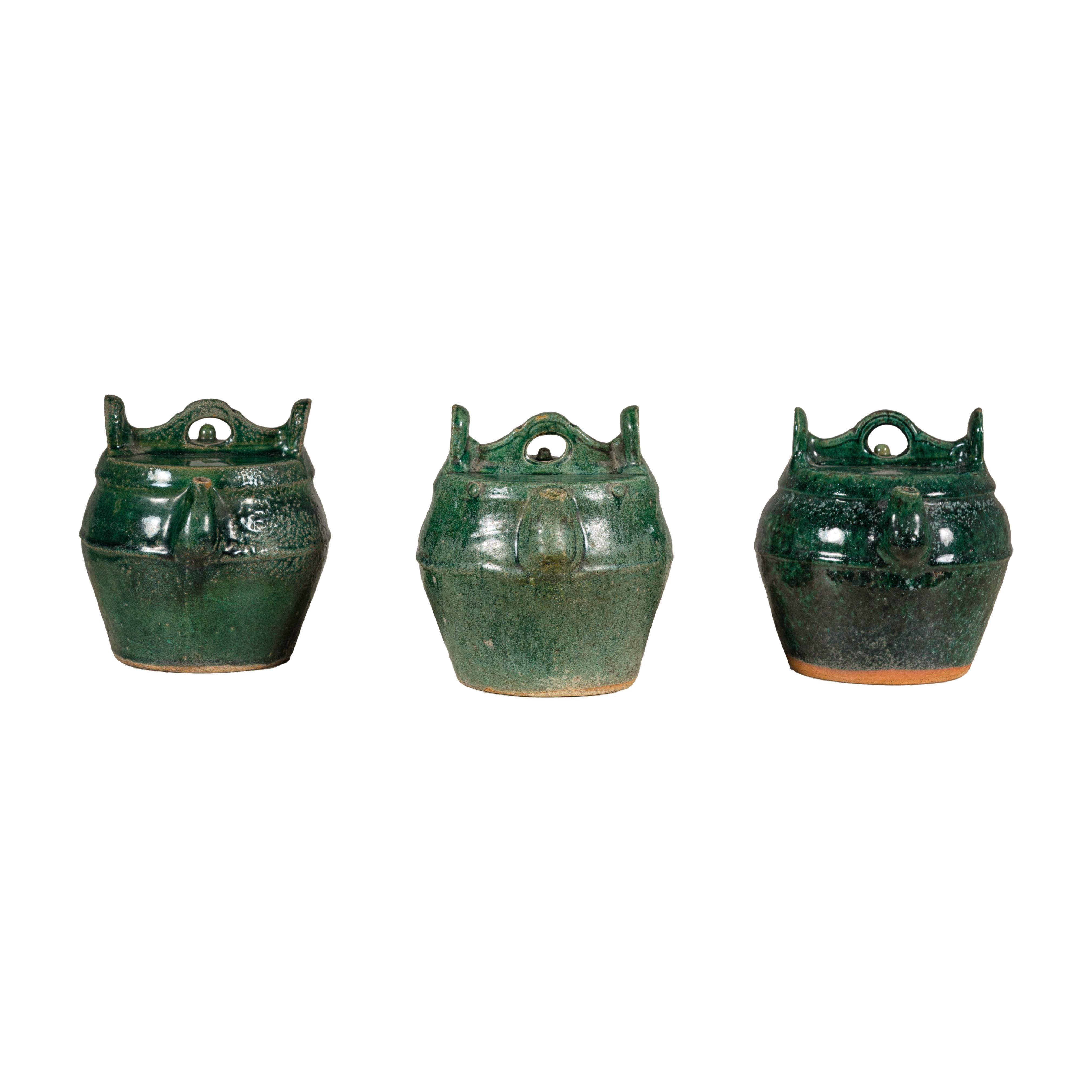 Qing Dynasty Green Glaze Late 19th Century Shiwan Ware Pottery Teapots Sold Each For Sale 9