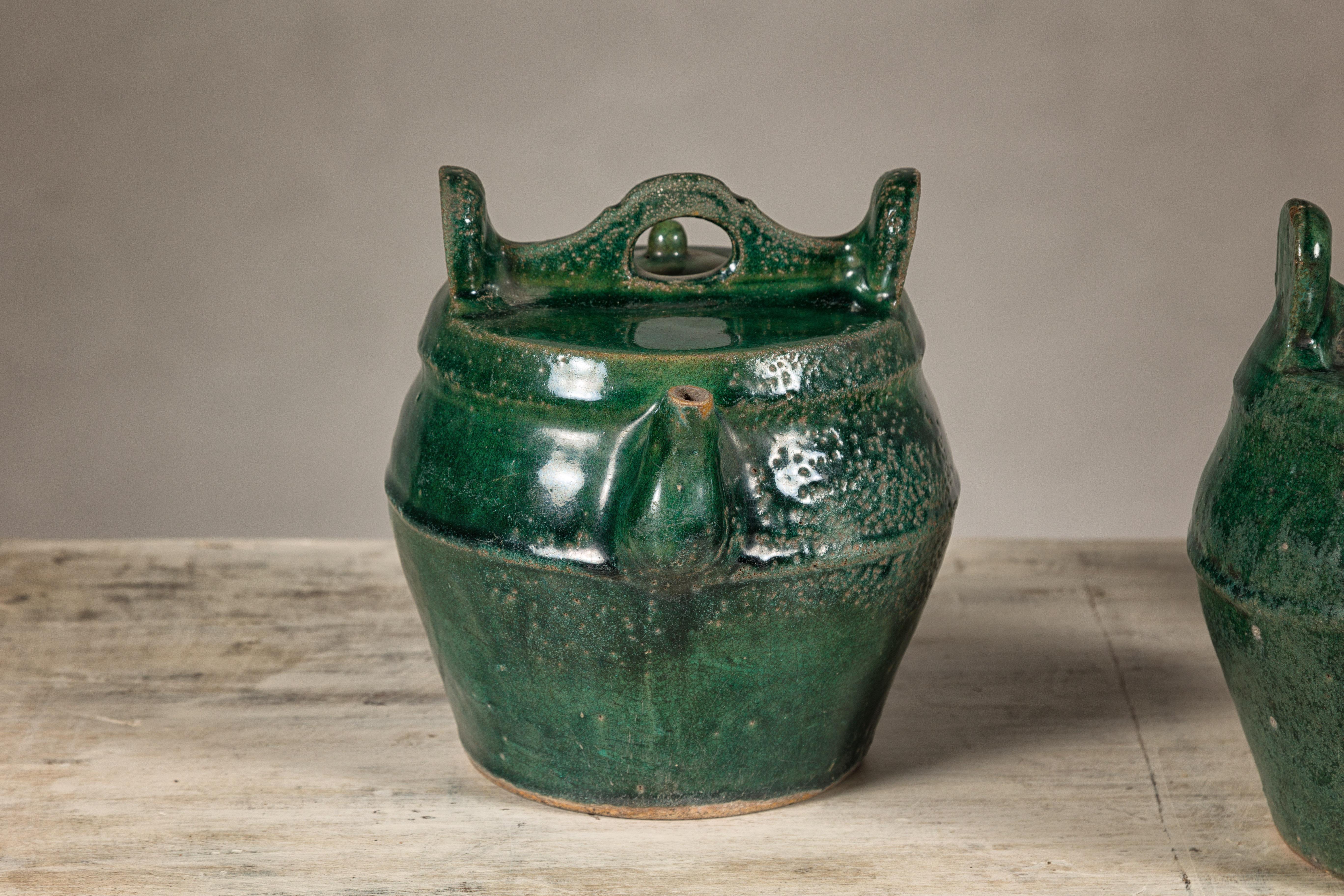 Glazed Qing Dynasty Green Glaze Late 19th Century Shiwan Ware Pottery Teapots Sold Each For Sale