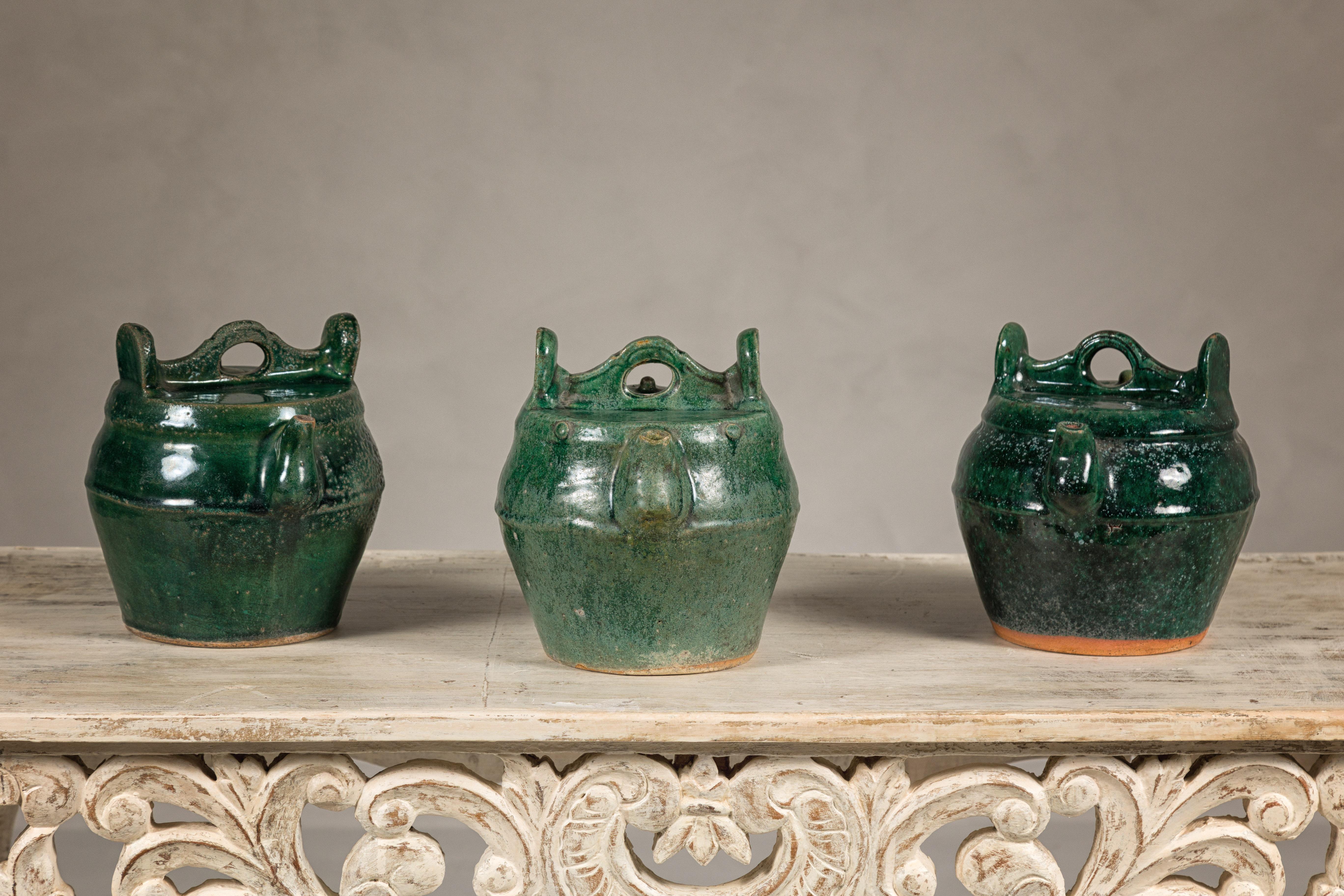Qing Dynasty Green Glaze Late 19th Century Shiwan Ware Pottery Teapots Sold Each For Sale 1