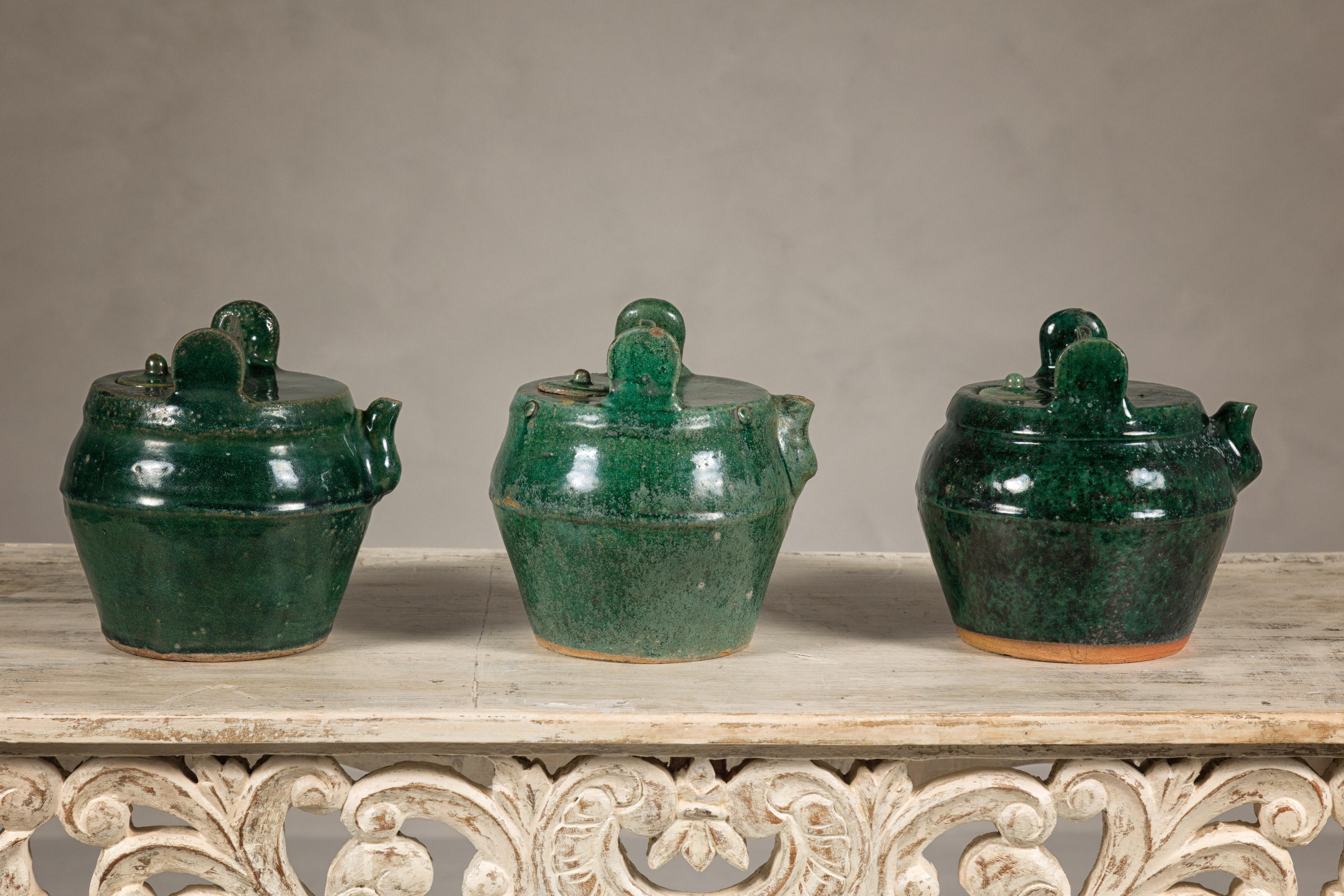 Qing Dynasty Green Glaze Late 19th Century Shiwan Ware Pottery Teapots Sold Each For Sale 2
