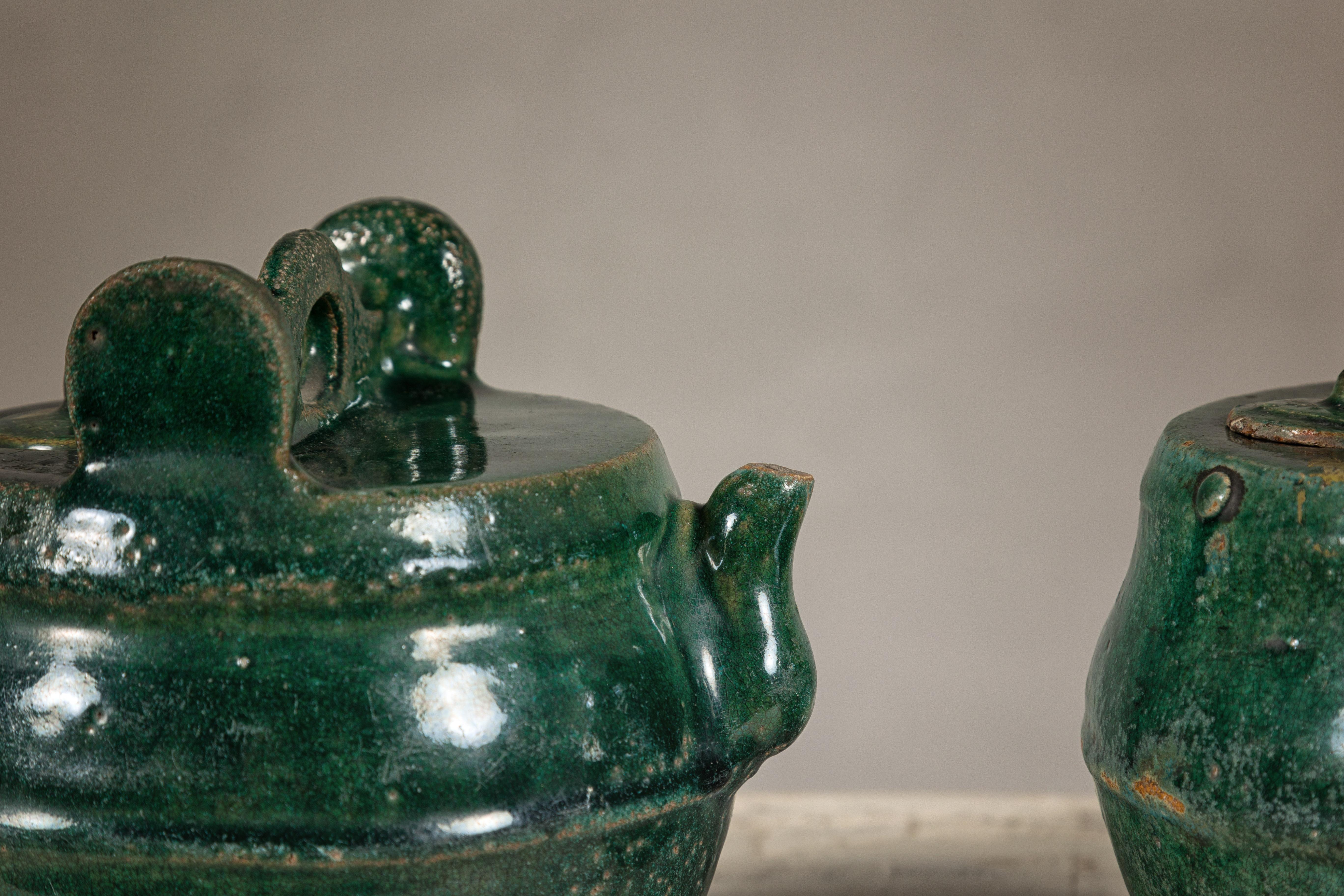 Qing Dynasty Green Glaze Late 19th Century Shiwan Ware Pottery Teapots Sold Each For Sale 3