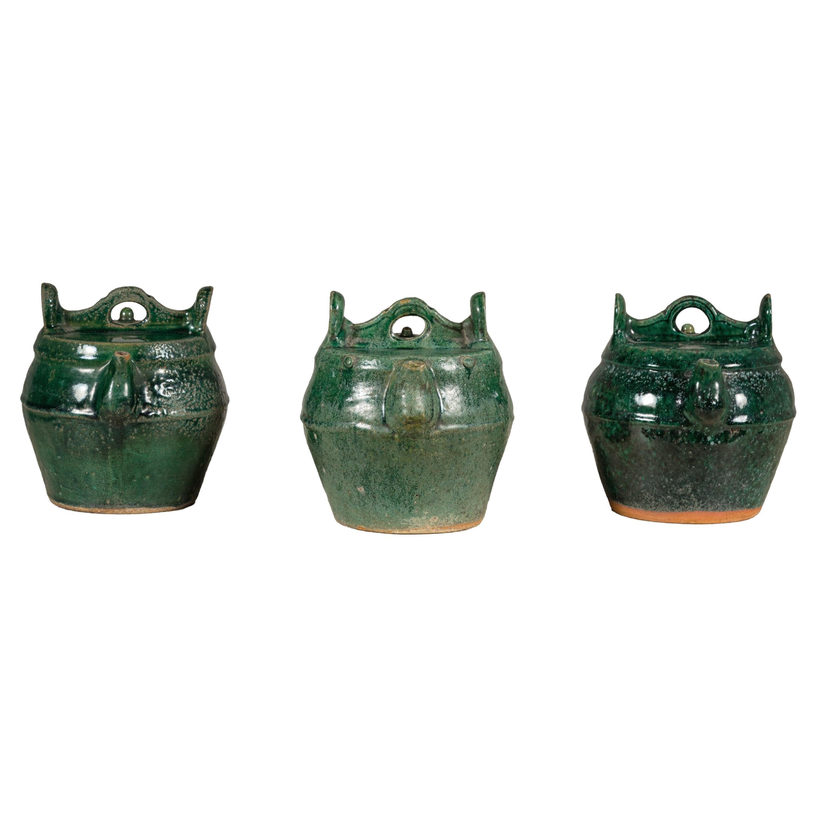 Qing Dynasty Green Glaze Late 19th Century Shiwan Ware Pottery Teapots Sold Each For Sale