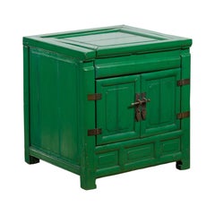 Qing Dynasty Green Lacquer Chinese 19th Century Bedside Cabinet with Two Doors