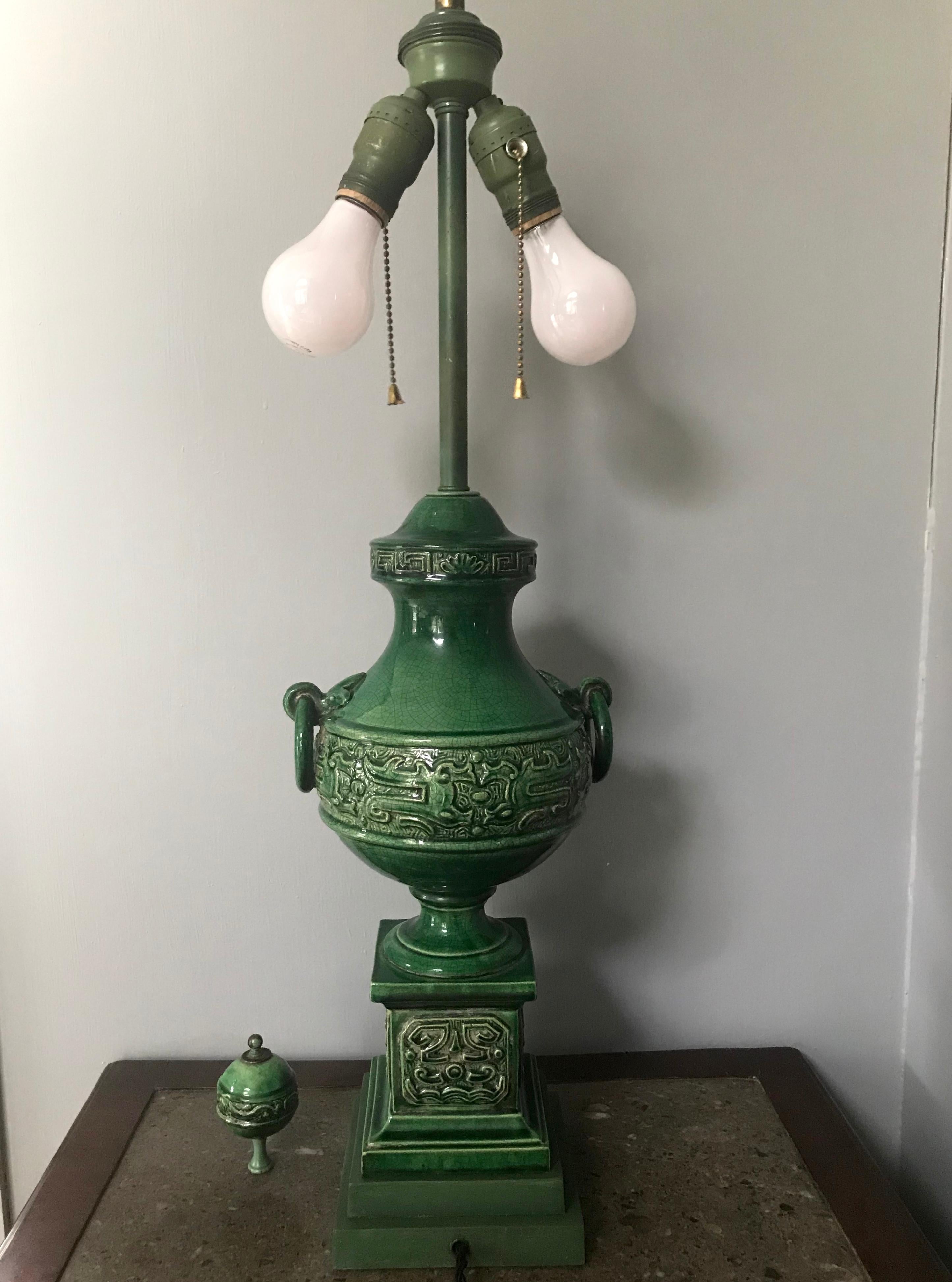 Glazed Qing Dynasty Green Urn Lamp For Sale