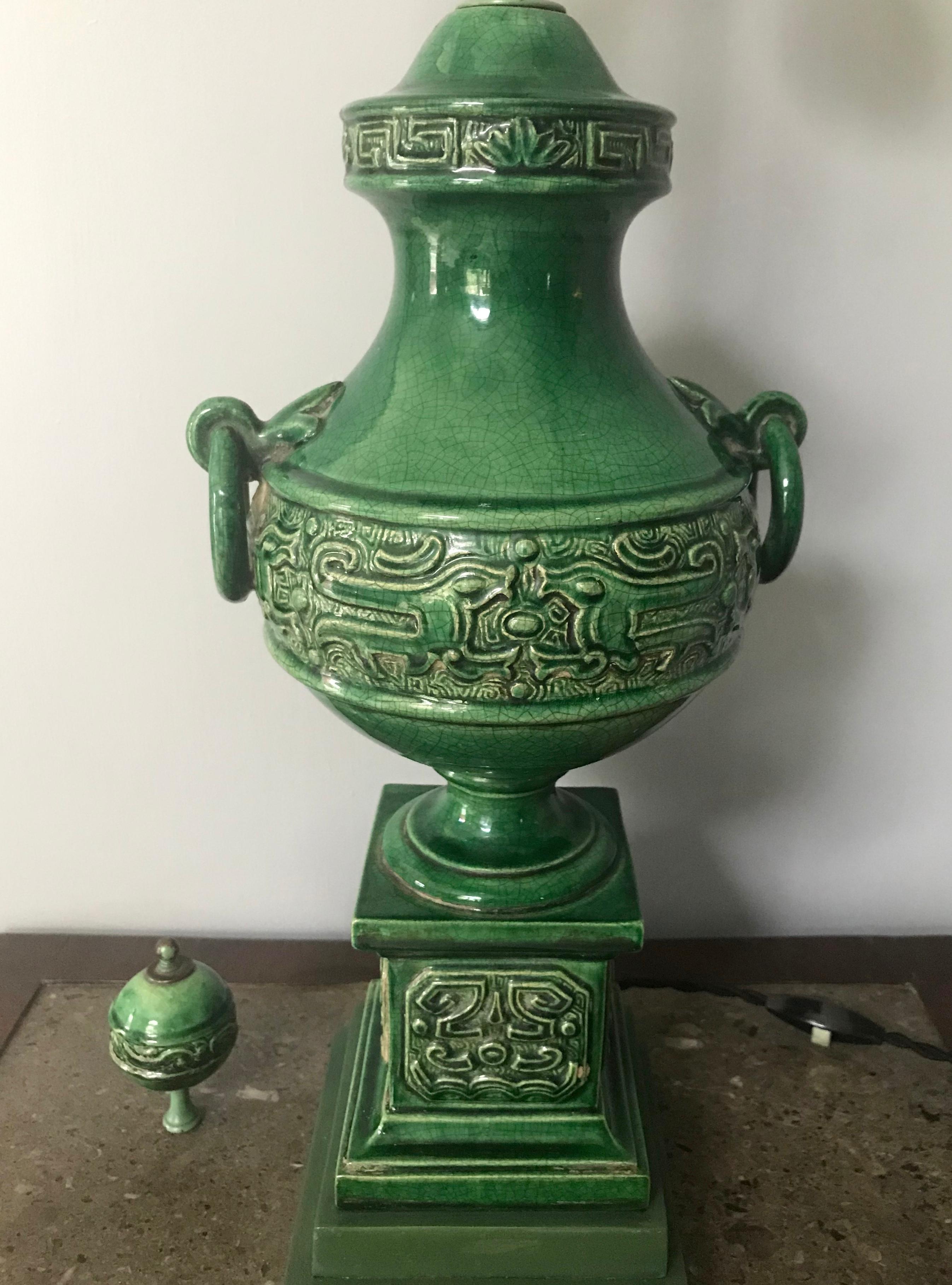 Pottery Qing Dynasty Green Urn Lamp For Sale