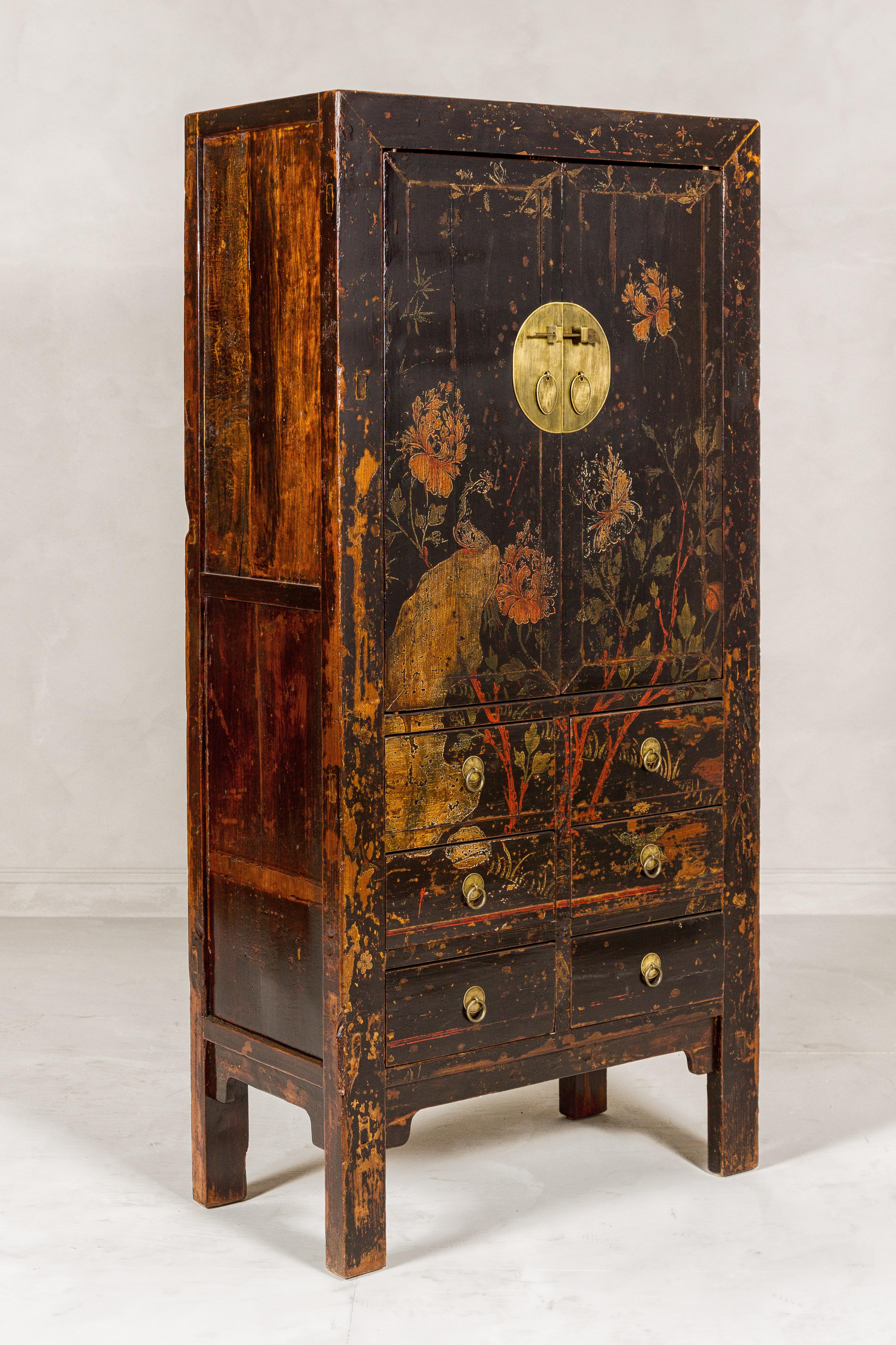 Qing Dynasty Hand-Painted Cabinet with Floral Décor, Doors and Drawers For Sale 4