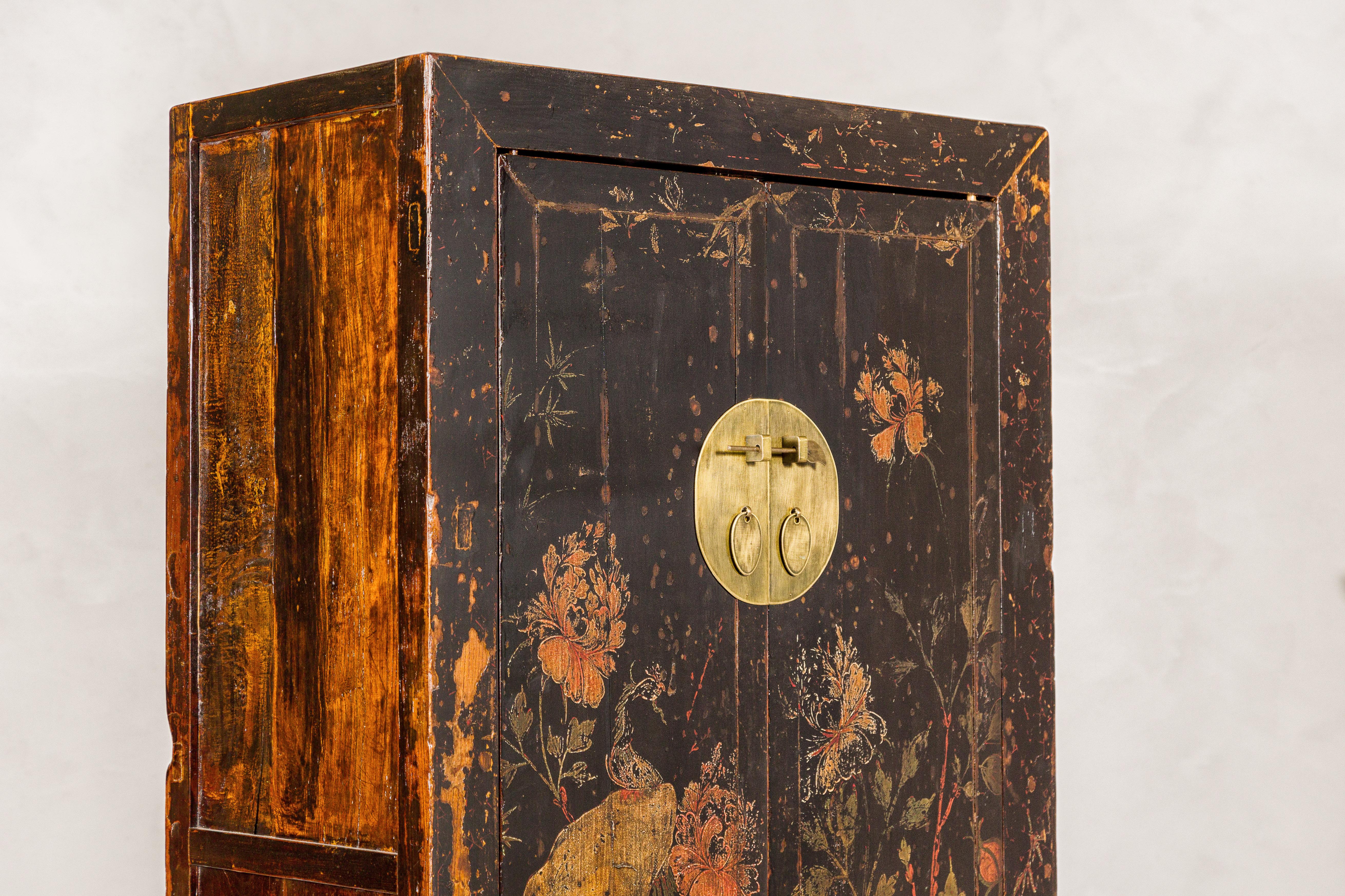 Qing Dynasty Hand-Painted Cabinet with Floral Décor, Doors and Drawers For Sale 5