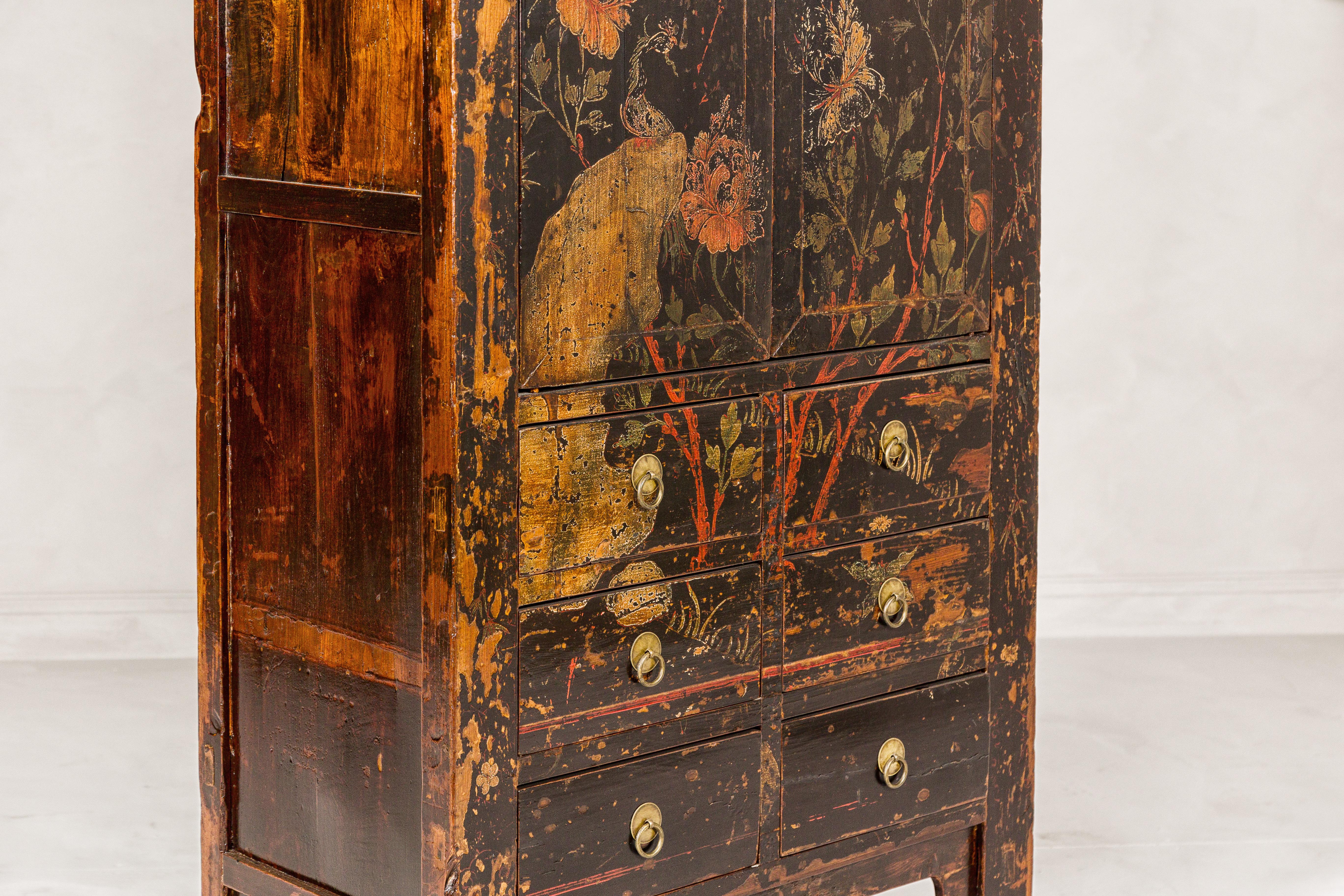 Qing Dynasty Hand-Painted Cabinet with Floral Décor, Doors and Drawers For Sale 6