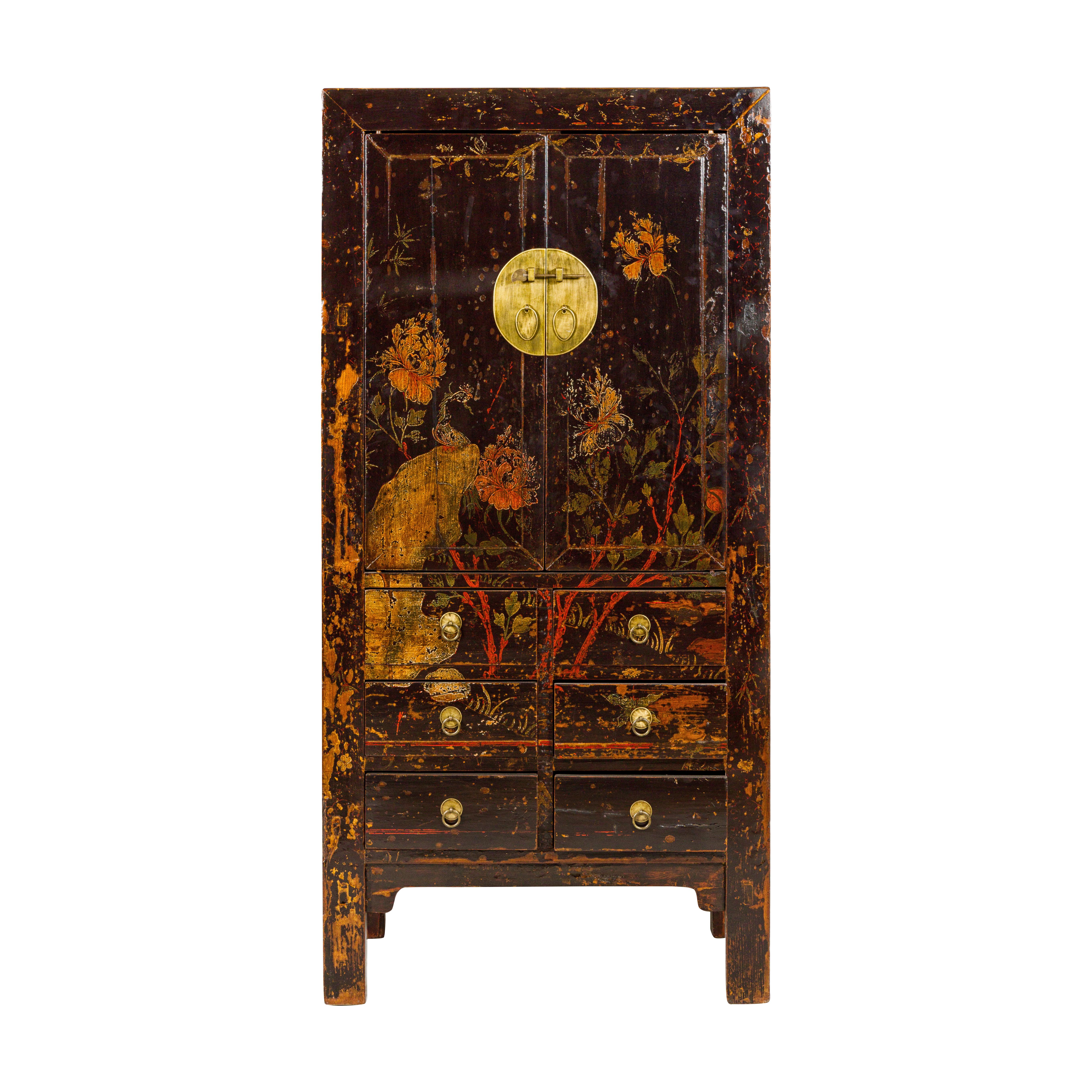 Qing Dynasty Hand-Painted Cabinet with Floral Décor, Doors and Drawers For Sale 10