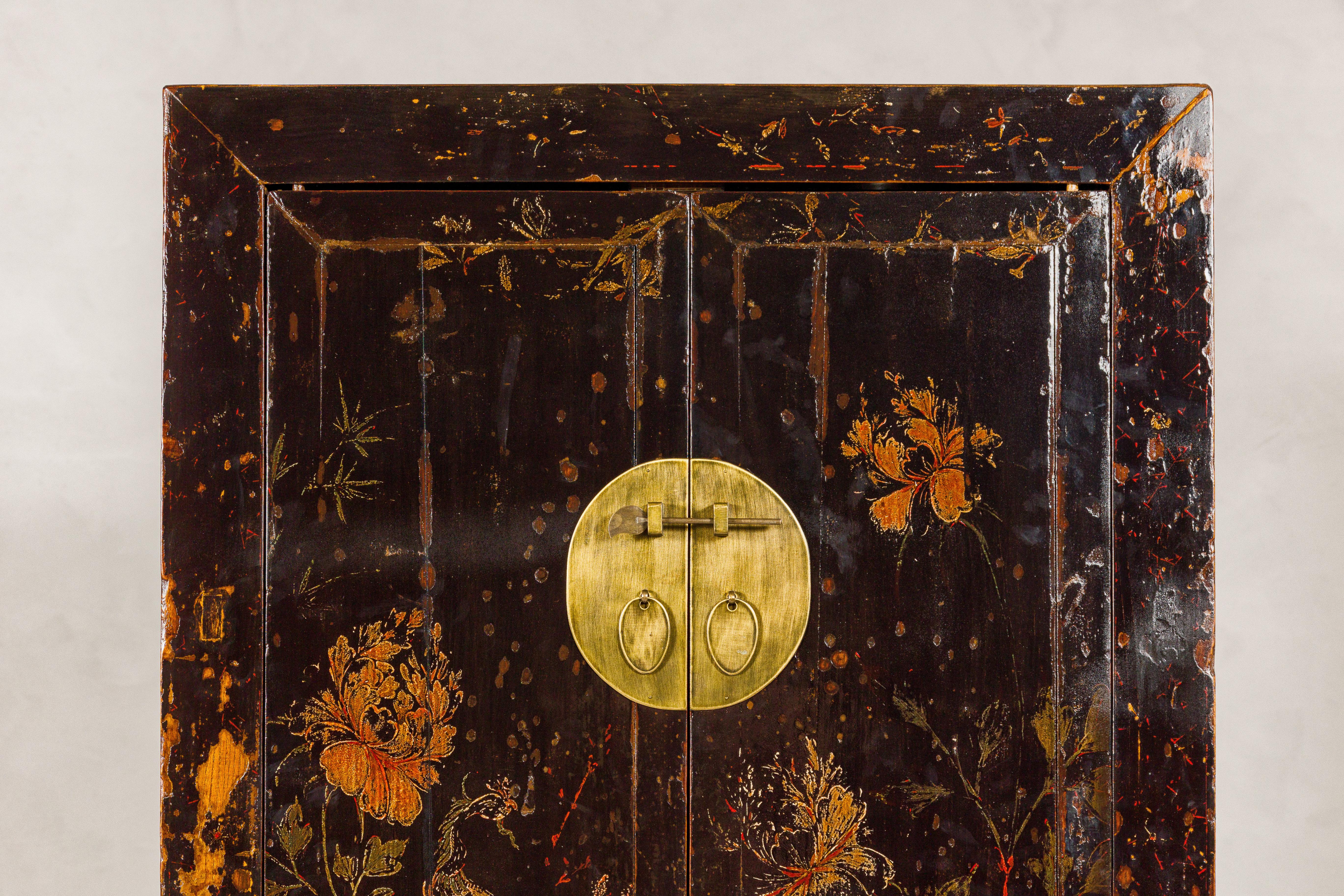 Chinese Qing Dynasty Hand-Painted Cabinet with Floral Décor, Doors and Drawers For Sale