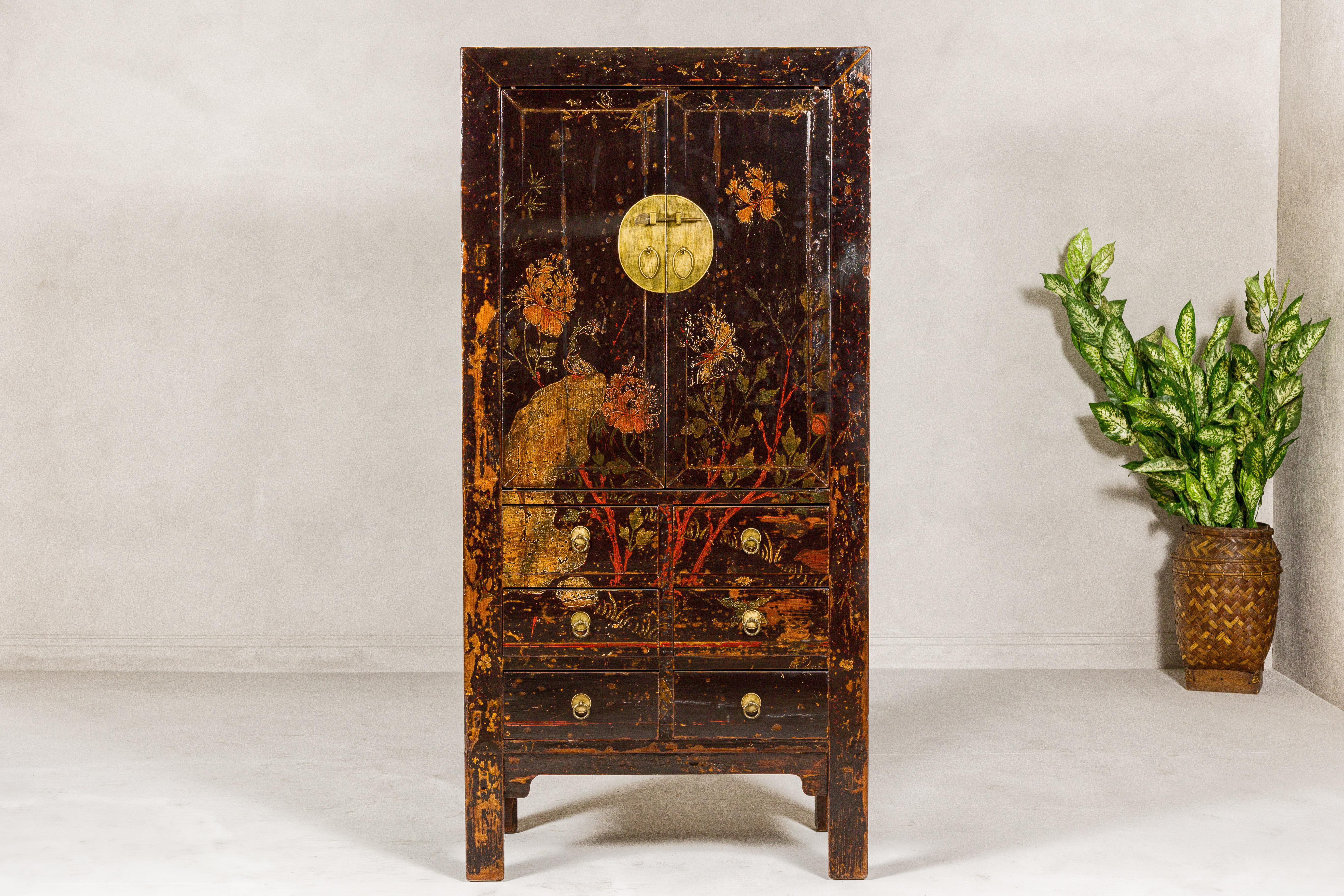 Lacquered Qing Dynasty Hand-Painted Cabinet with Floral Décor, Doors and Drawers For Sale