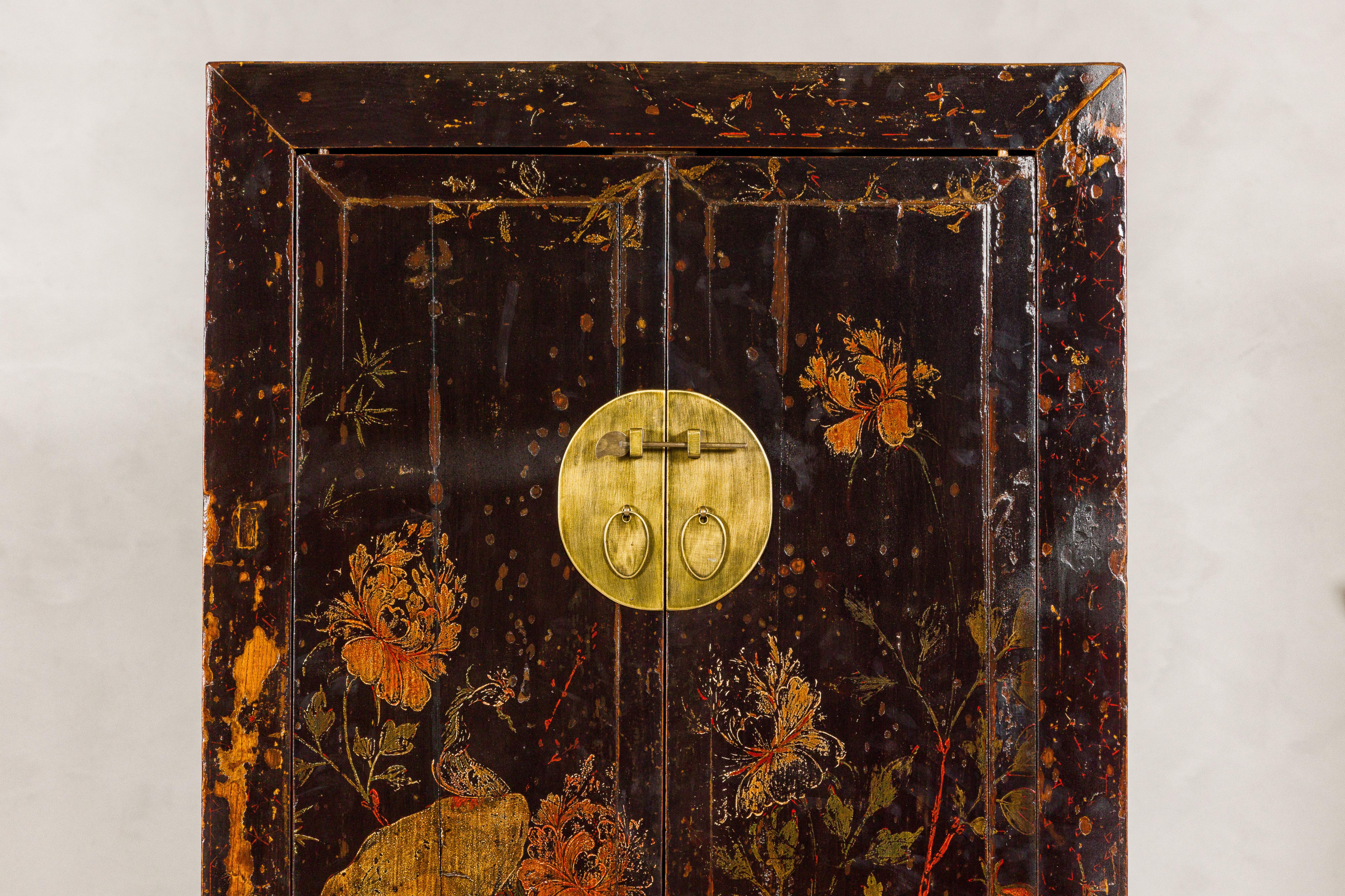 Qing Dynasty Hand-Painted Cabinet with Floral Décor, Doors and Drawers In Good Condition For Sale In Yonkers, NY