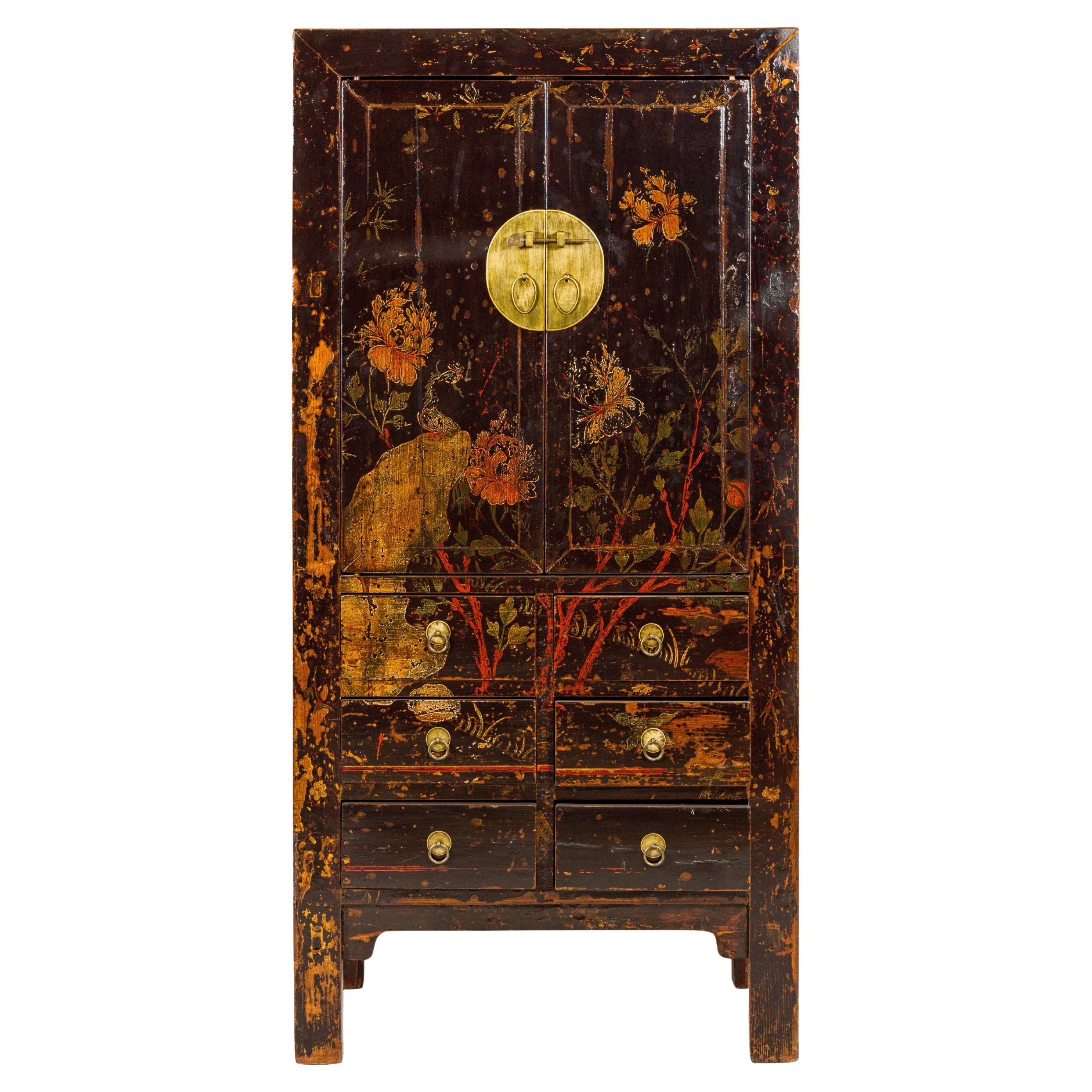 Qing Dynasty Hand-Painted Cabinet with Floral Décor, Doors and Drawers For Sale