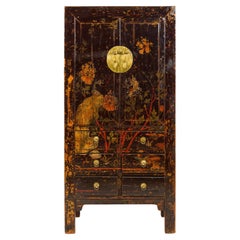 Antique Qing Dynasty Hand-Painted Cabinet with Floral Décor, Doors and Drawers