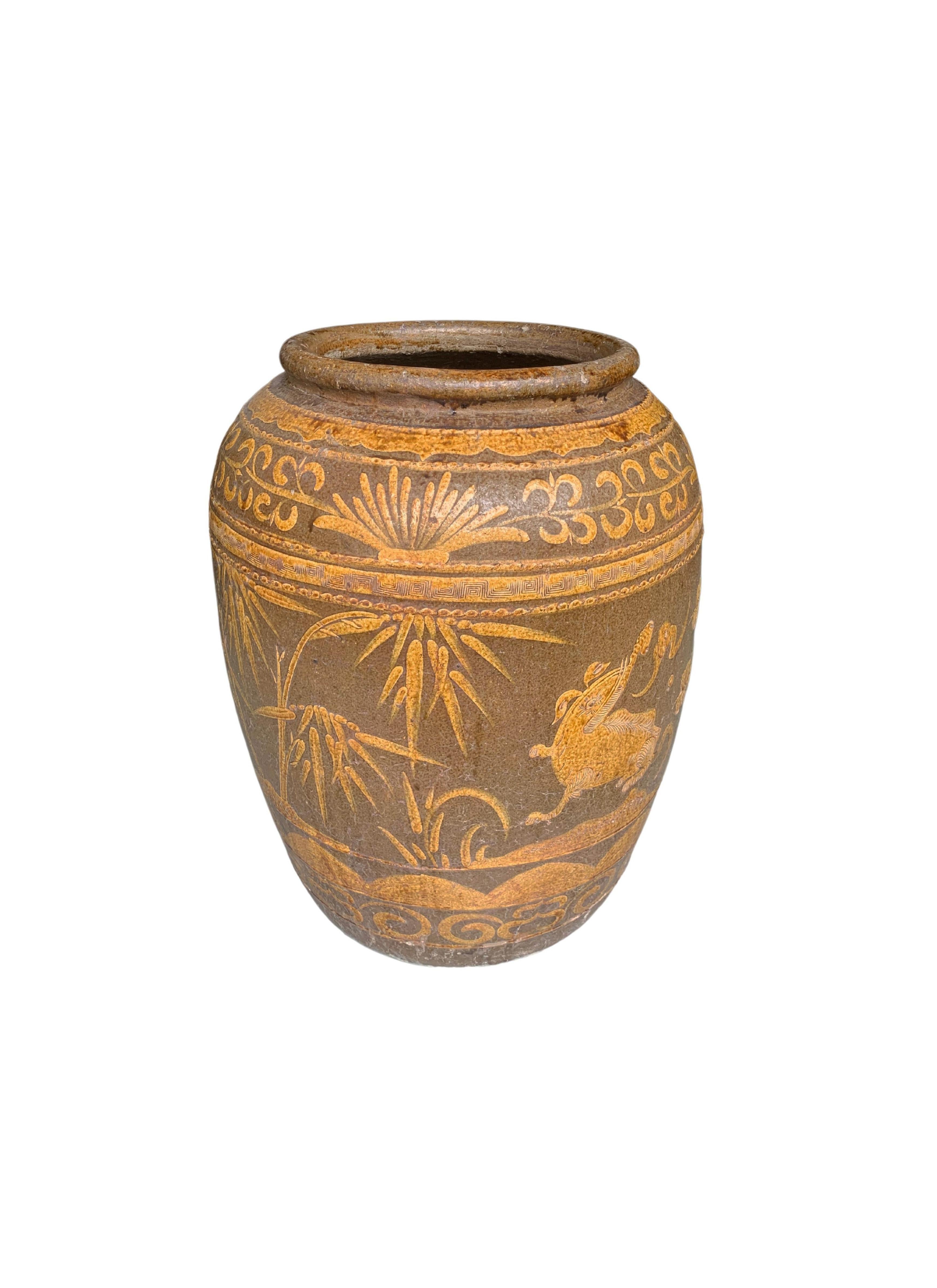Chinese Qing Dynasty Hand-Painted Glazed Pickling Jar, c. 1900 For Sale