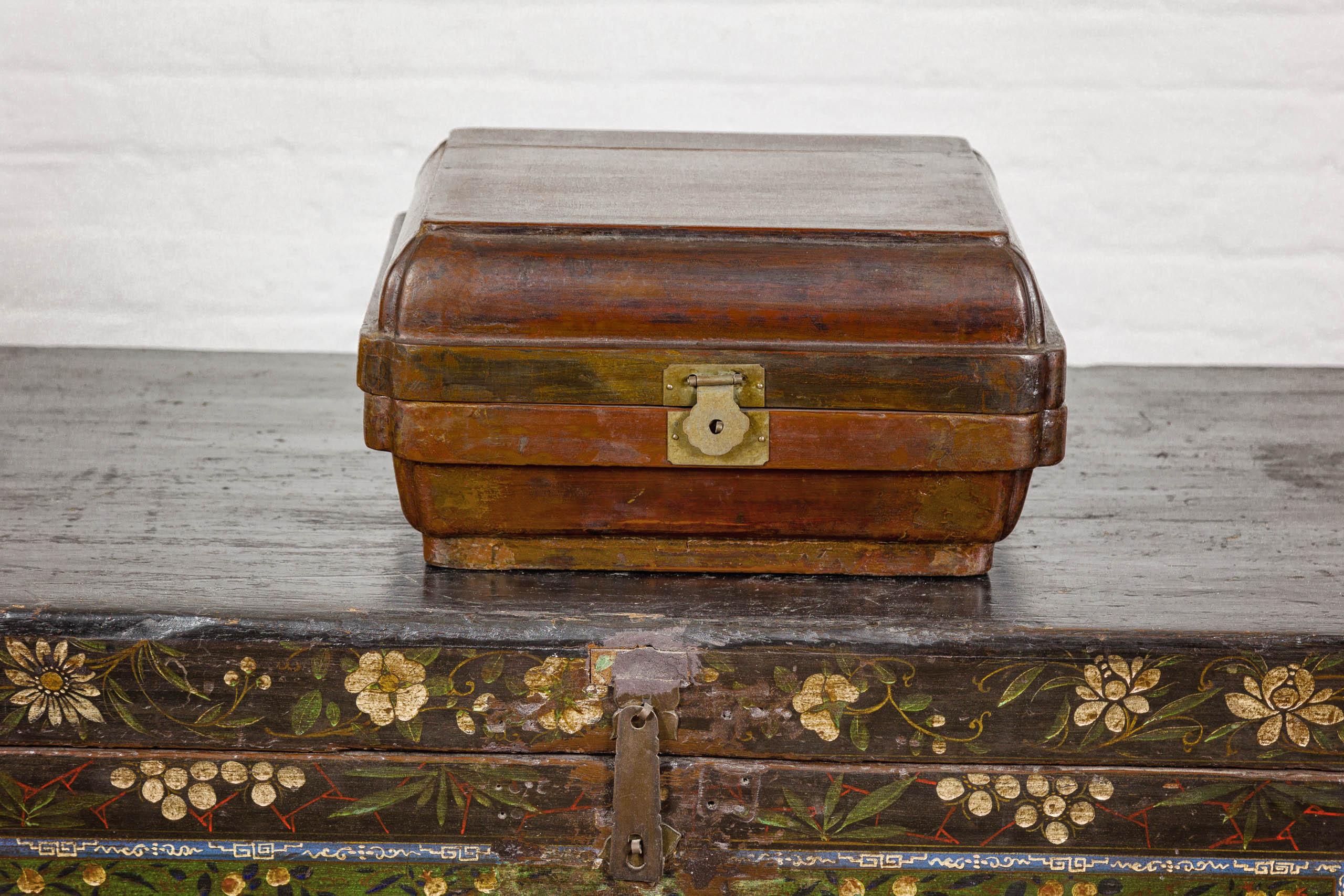 19th Century Qing Dynasty Hinged Box with Brass Hardware and Weathered Patina For Sale