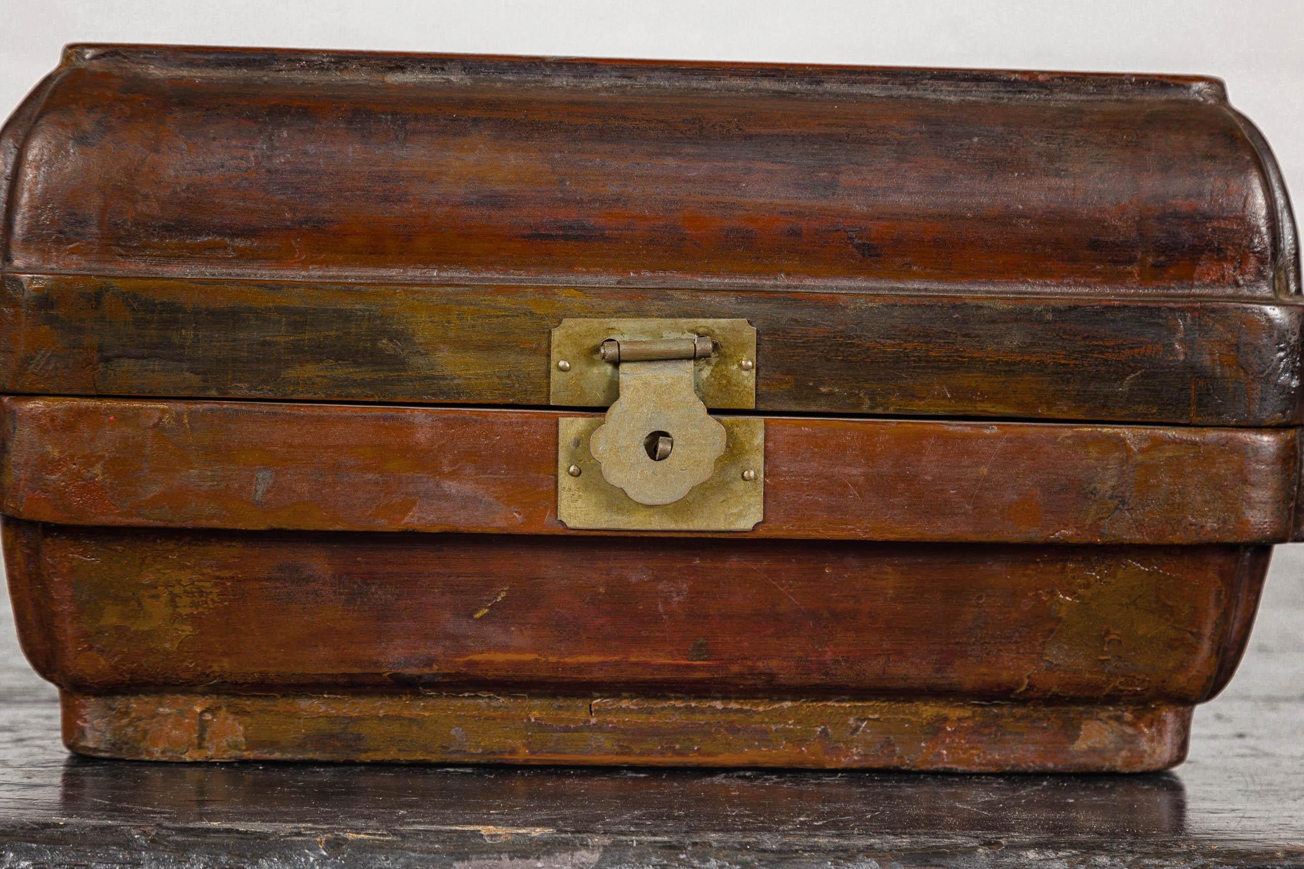 Qing Dynasty Hinged Box with Brass Hardware and Weathered Patina For Sale 4