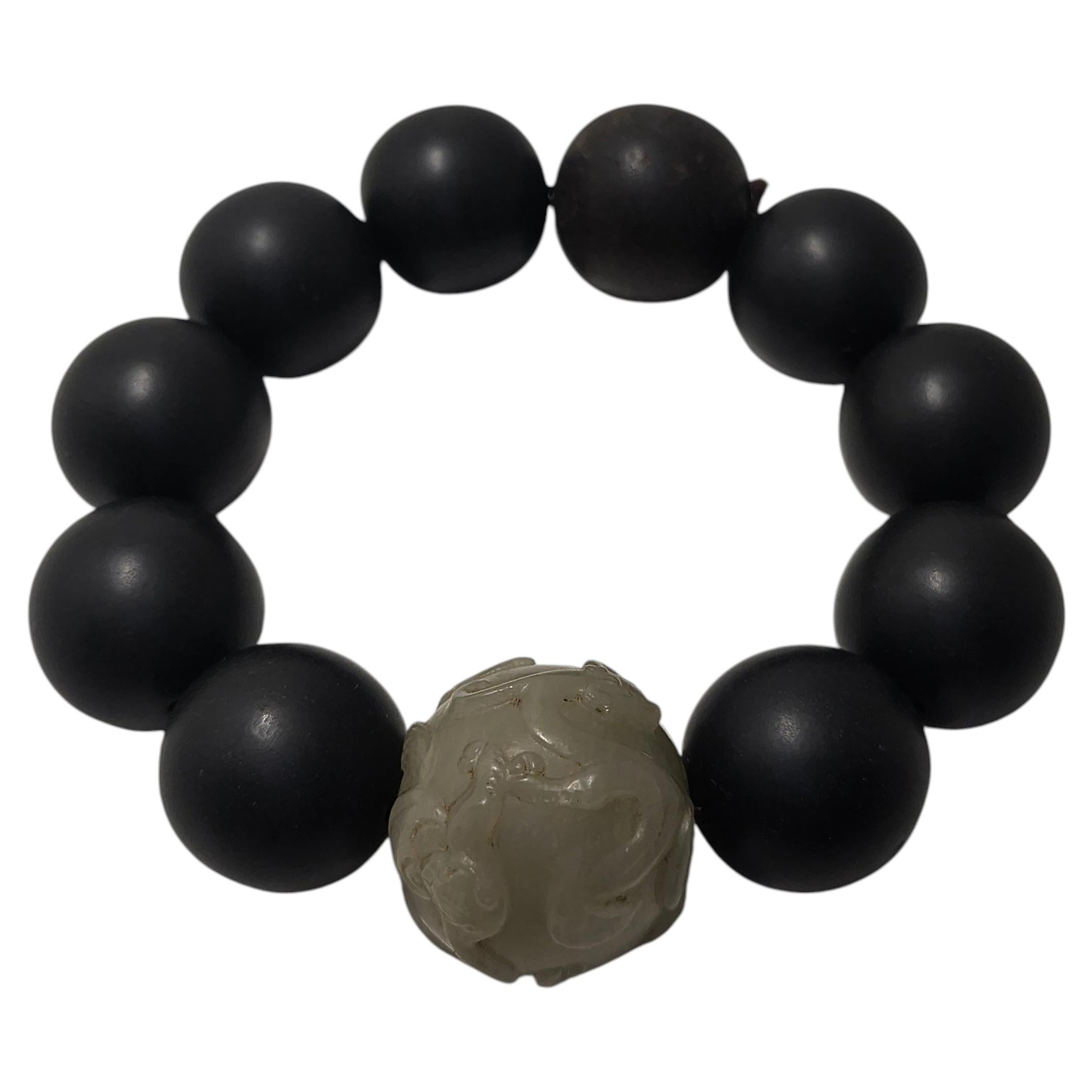 Qing Dynasty Jade Dragon Bead & Sandalwood Bracelet