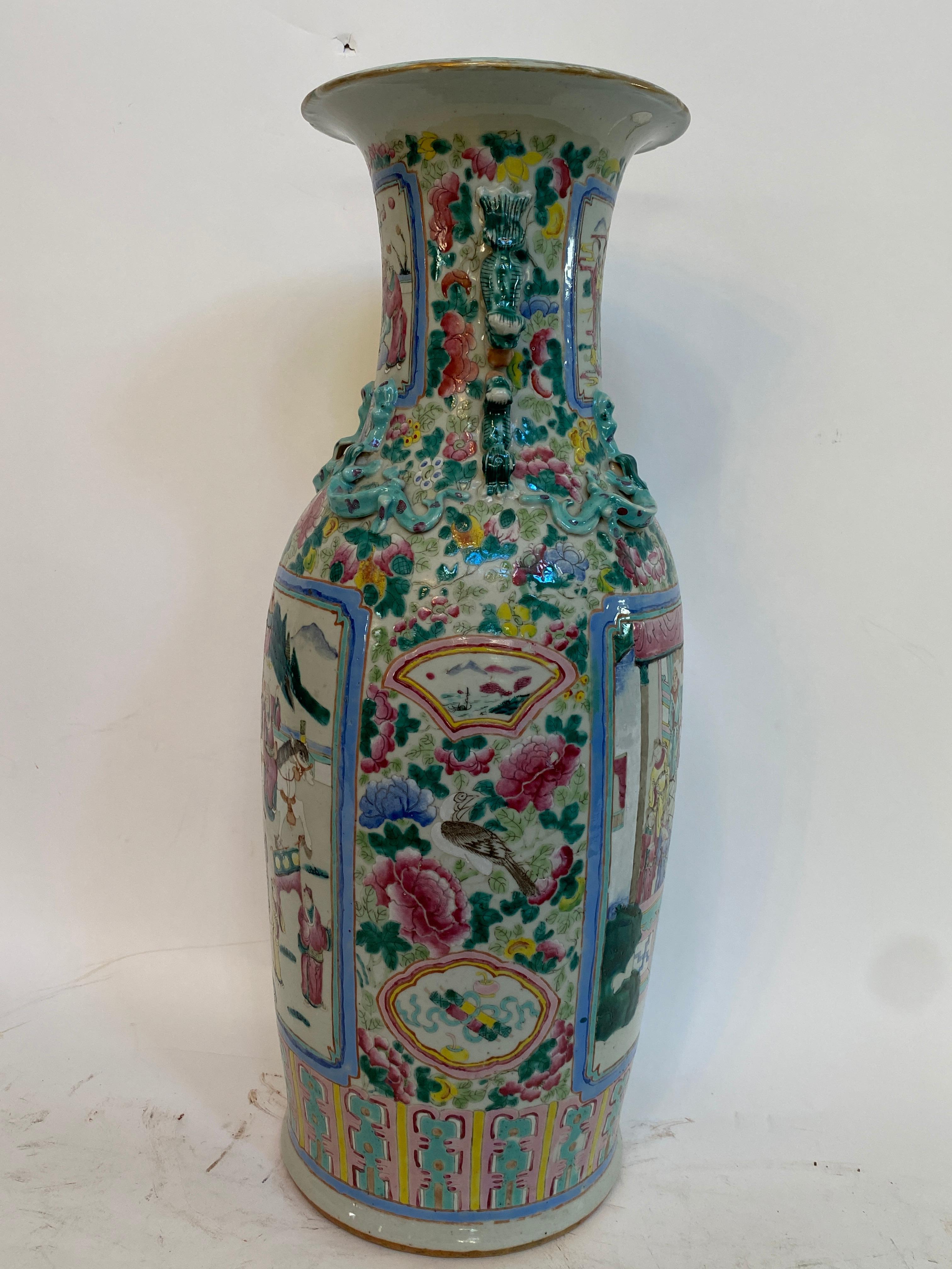 Carved Qing Dynasty Large Canton Famille Rose Chinese Porcelain Vase For Sale