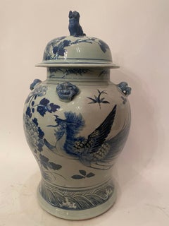 late 19th century Large 24.5'' Blue and White Chinese Hat-Covered Porcelain Jar