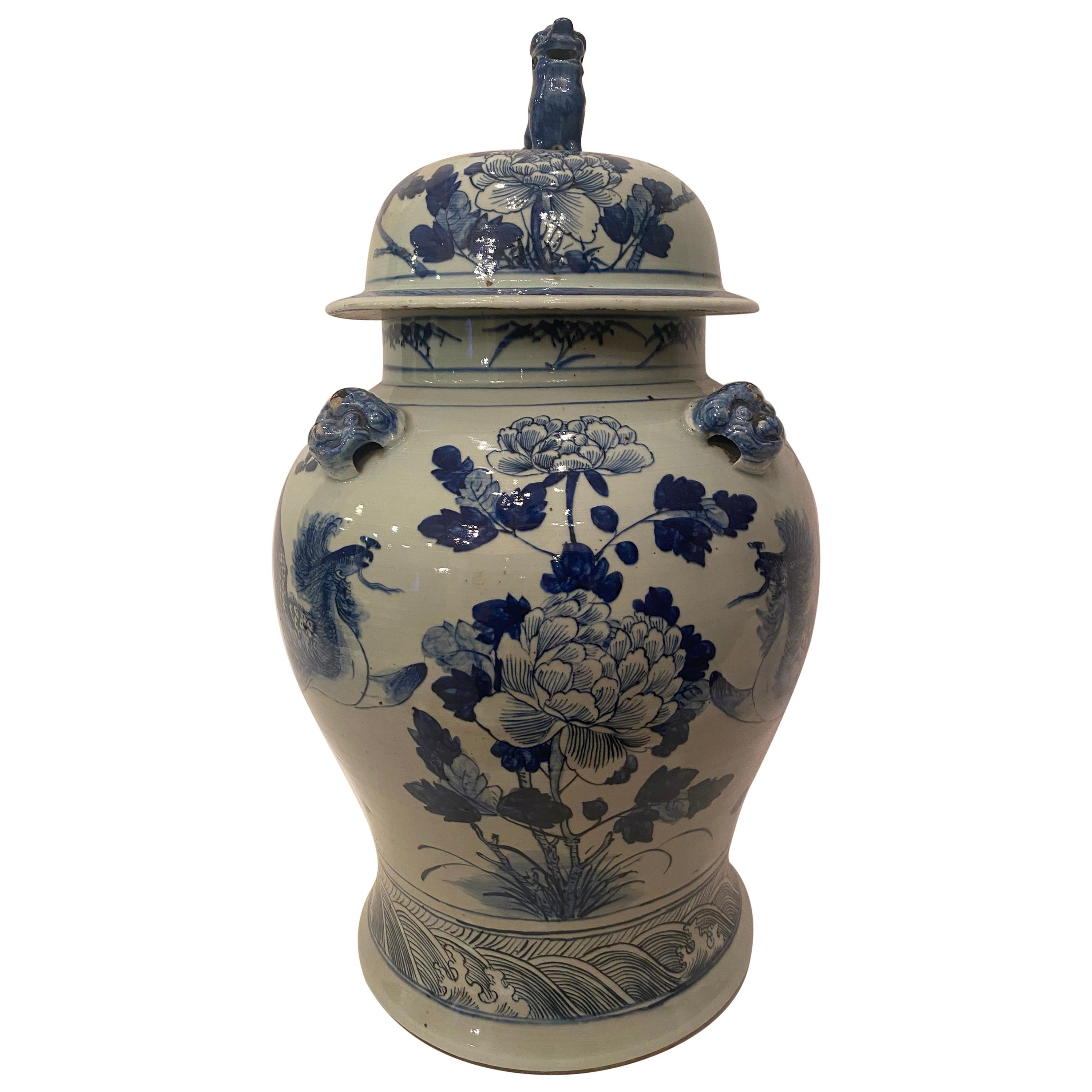 Qing Dynasty Large 24.5'' Blue and White Chinese Hat-Covered Porcelain Jar
