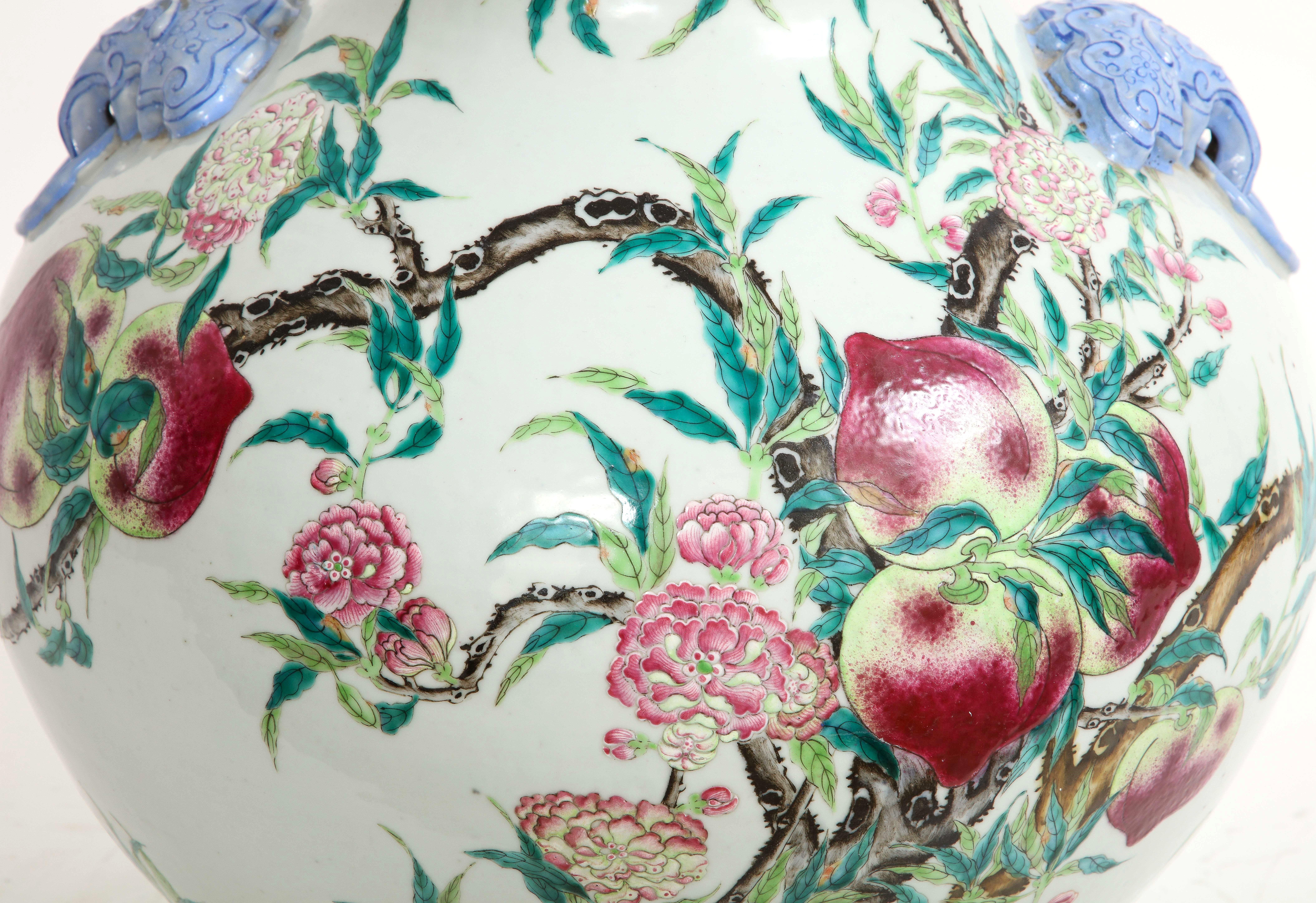 Qing Dynasty Large Chinese Blue Foo Dog Handled Famille-Rose Nine Peach Vase 4