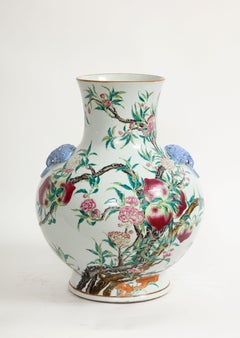 Qing Dynasty Large Chinese Blue Foo Dog Handled Famille-Rose Nine Peach Vase