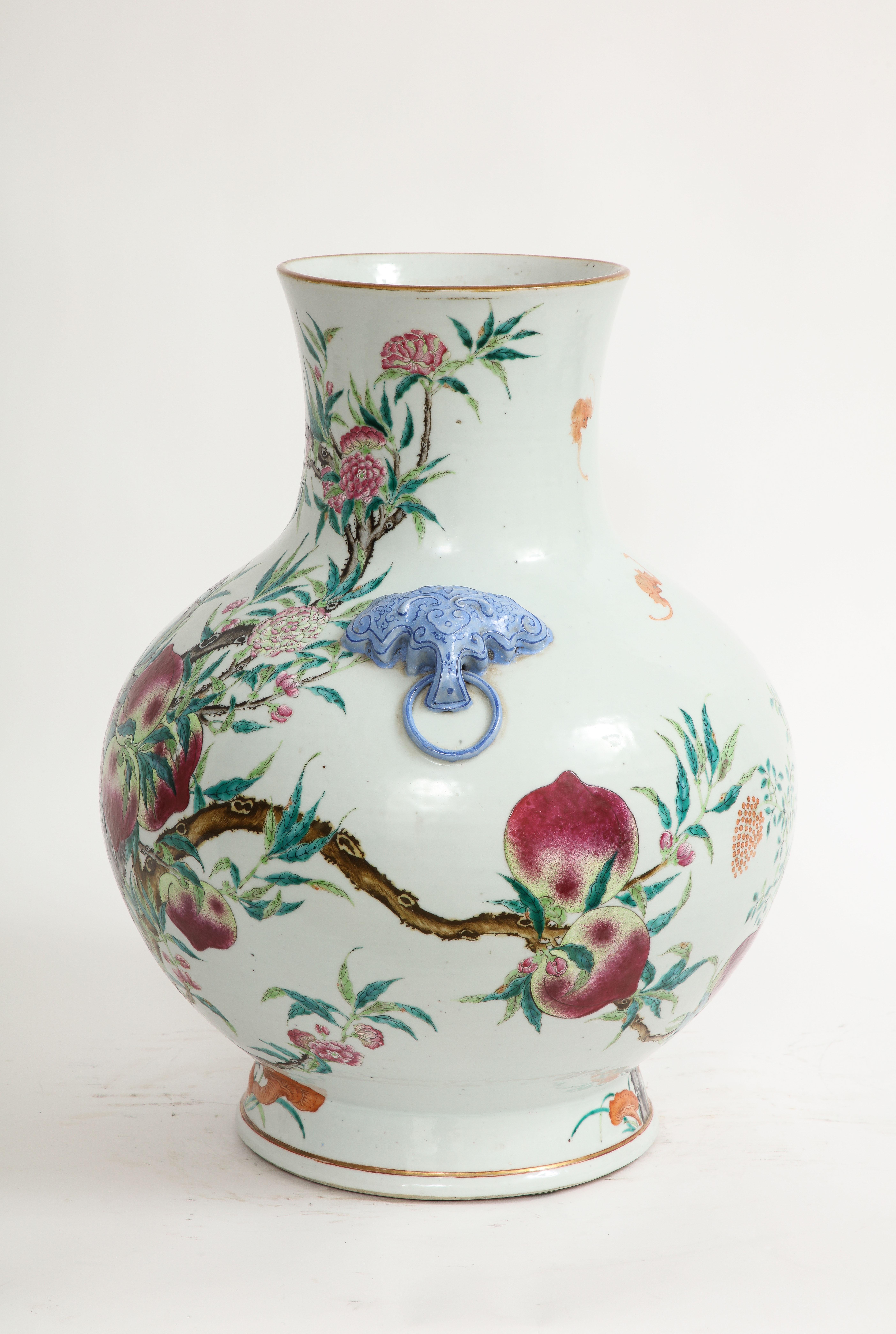 Qing Dynasty Large Chinese Blue Foo Dog Handled Famille-Rose Nine Peach Vase 1