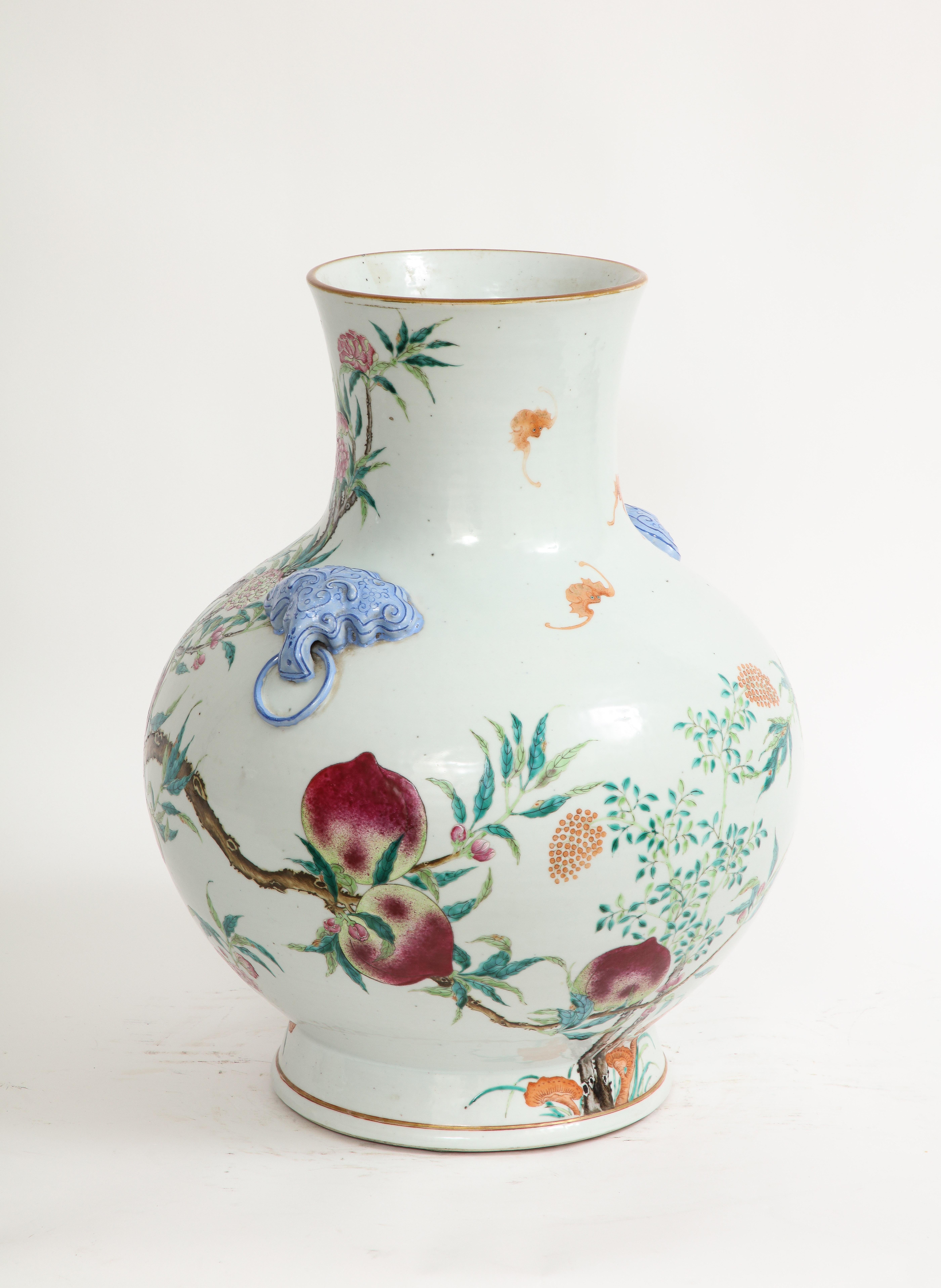 Qing Dynasty Large Chinese Blue Foo Dog Handled Famille-Rose Nine Peach Vase 2