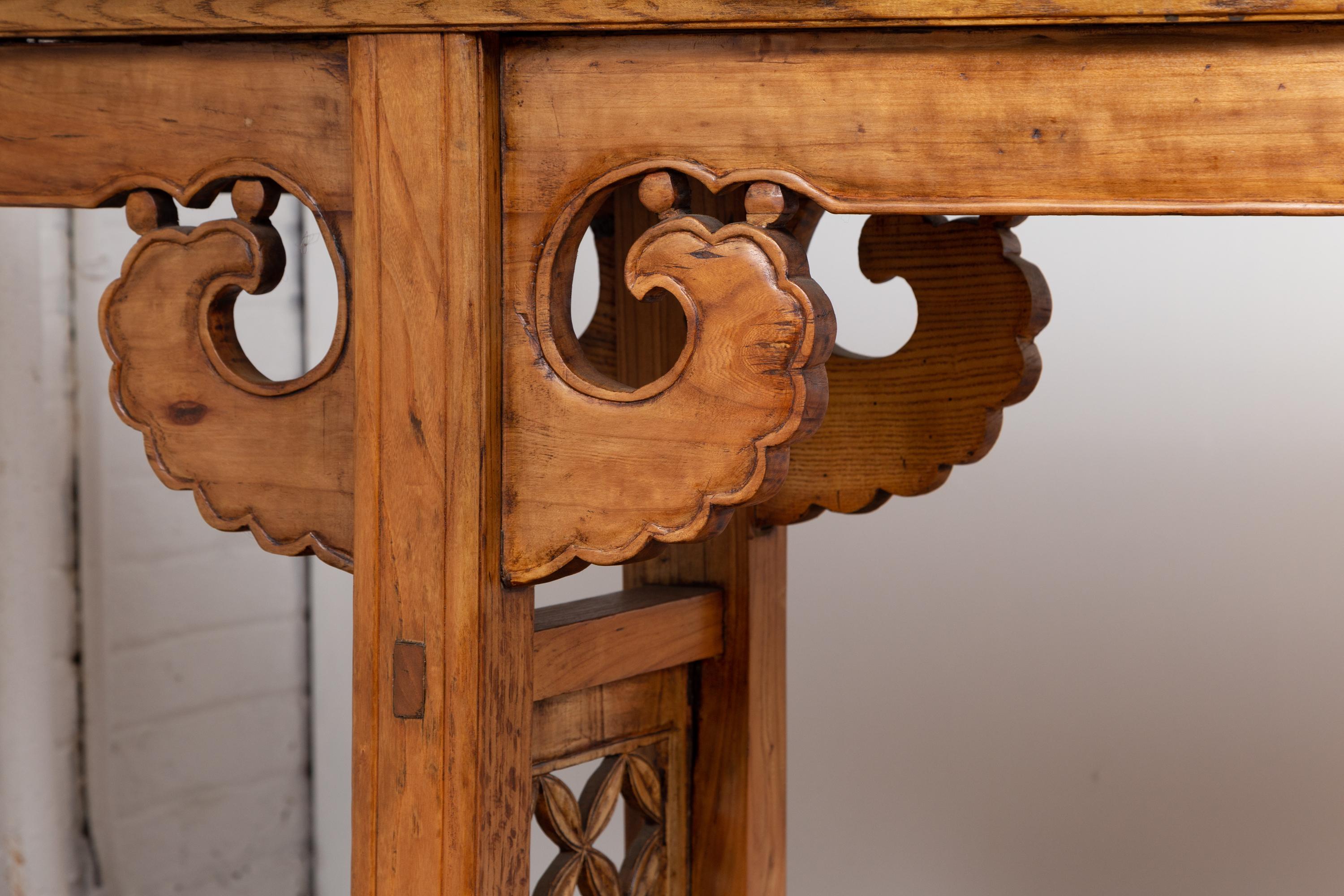 Carved Qing Dynasty Large Elmwood Altar Console Table with Scrolls and Everted Flanges