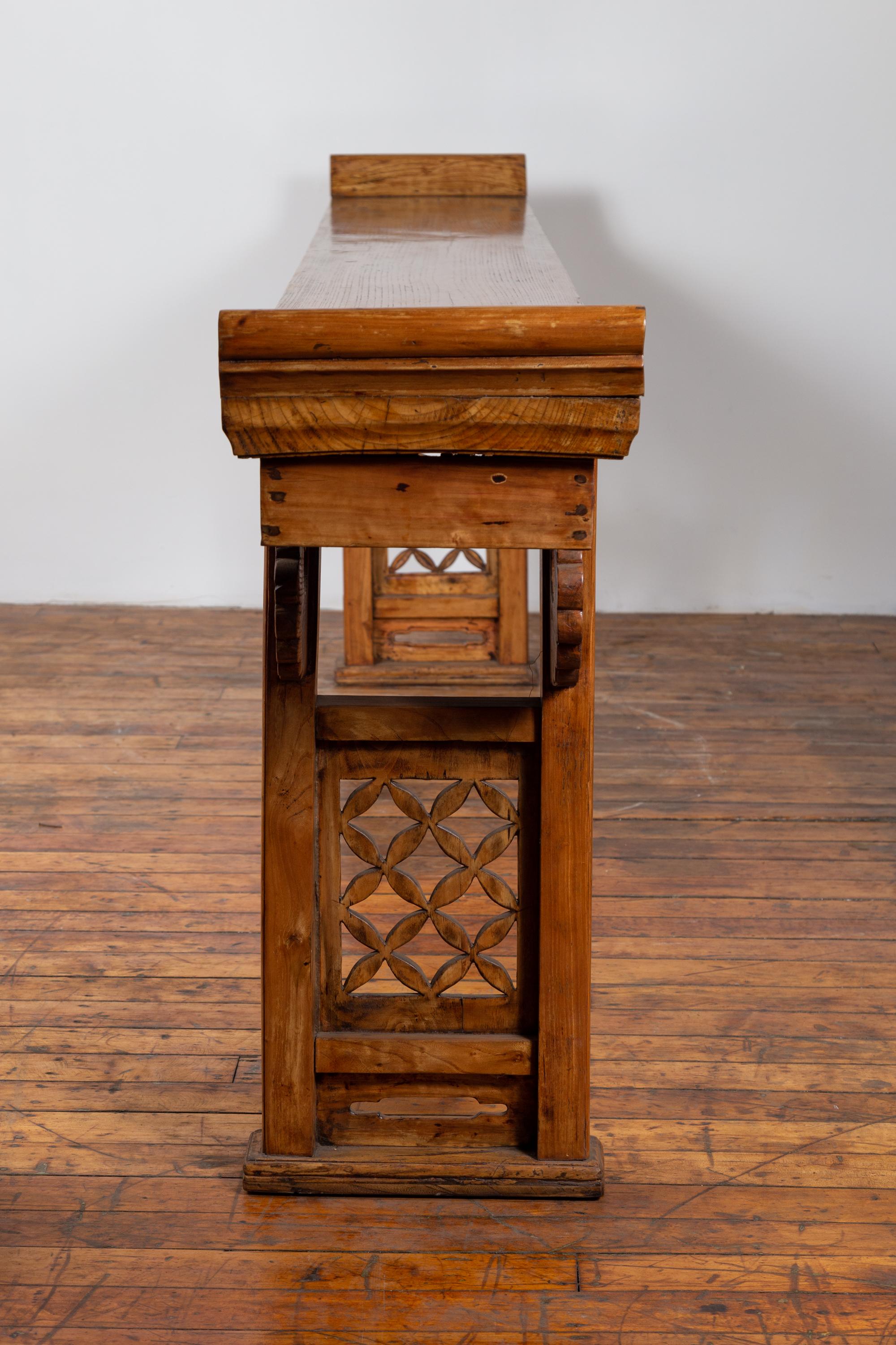 19th Century Qing Dynasty Large Elmwood Altar Console Table with Scrolls and Everted Flanges