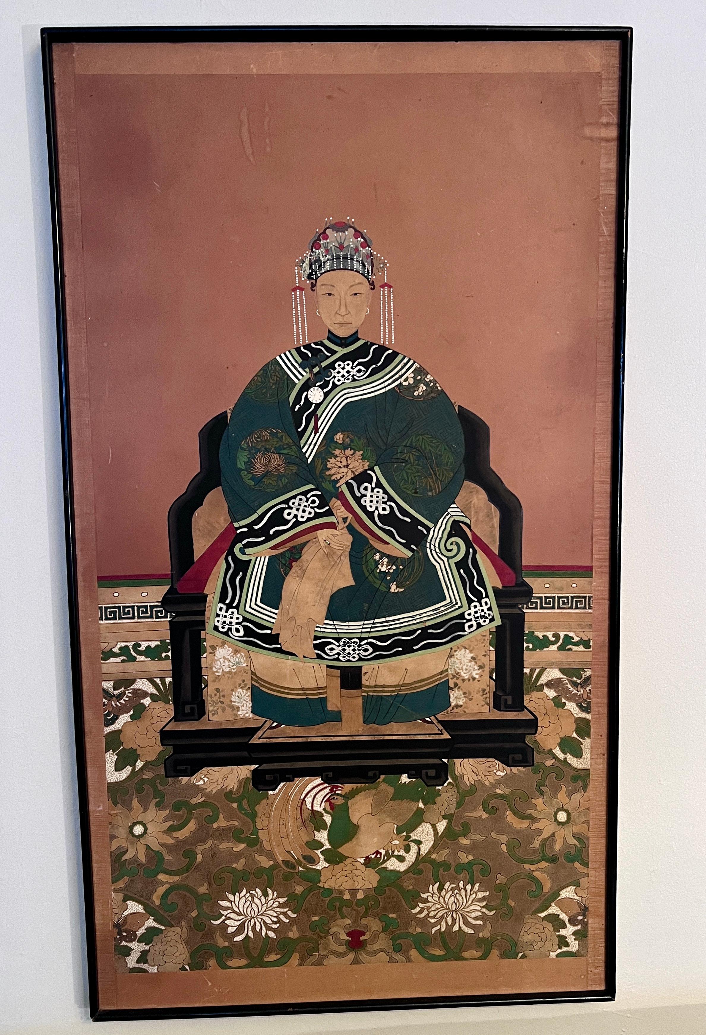 Hand-Crafted Qing Dynasty Late 19th Century Chinese Ancestral Portrait of a Seated Woman  For Sale