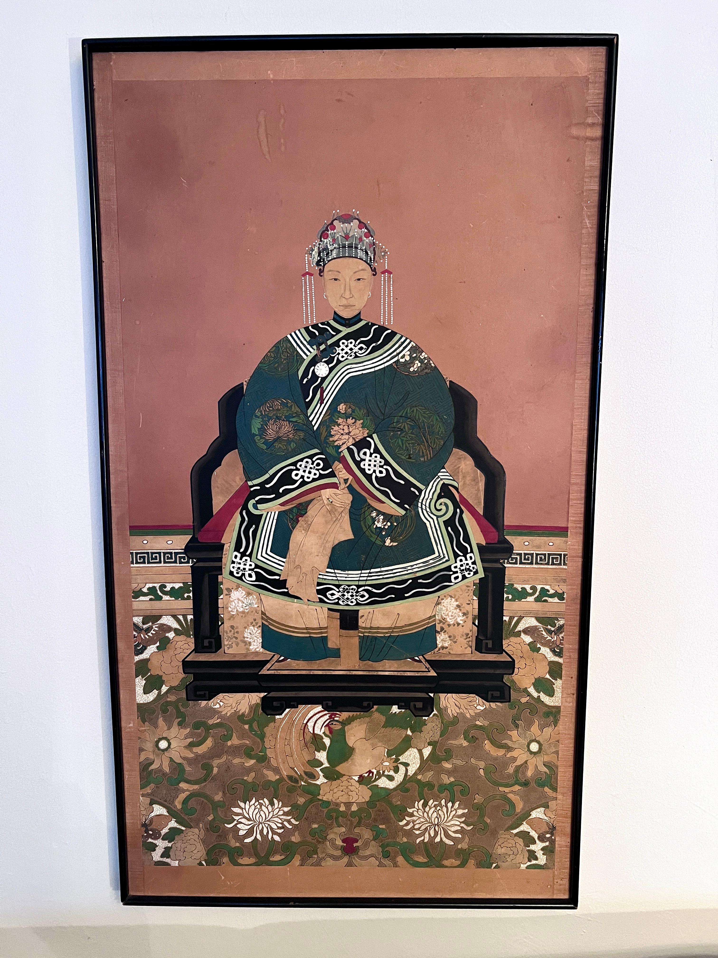 Qing Dynasty Spätes 19. Jahrhundert Chinesisches Ahnenbildnis einer sitzenden Frau  (Handgefertigt) im Angebot