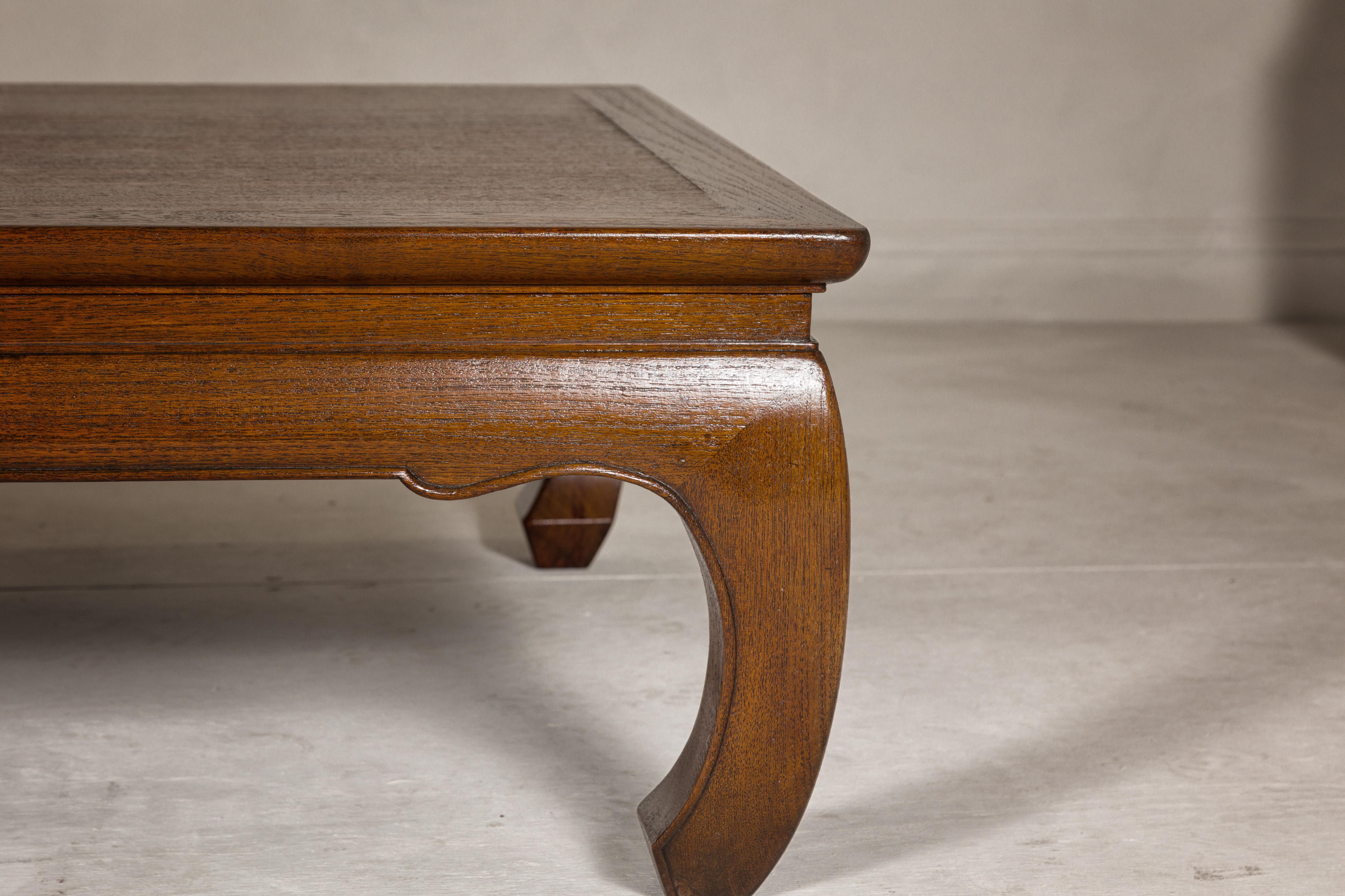 Wood Qing Dynasty Long and Low Kang Coffee Table with Chow Legs and Carved Apron
