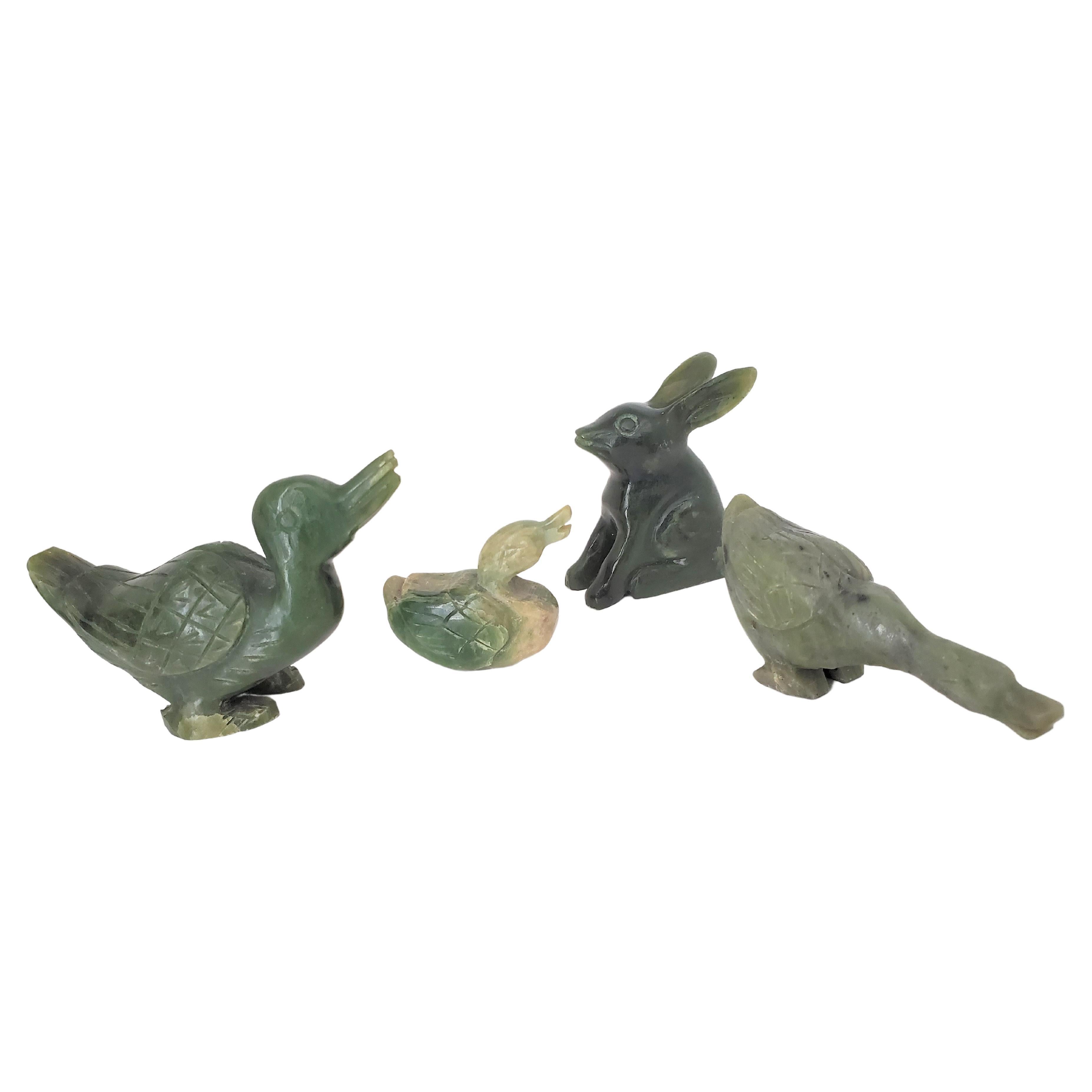 Natural Spinach Jade Duck and Rabbit Figures from Qing Dynasty For Sale