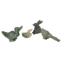 Antique Natural Spinach Jade Duck and Rabbit Figures from Qing Dynasty