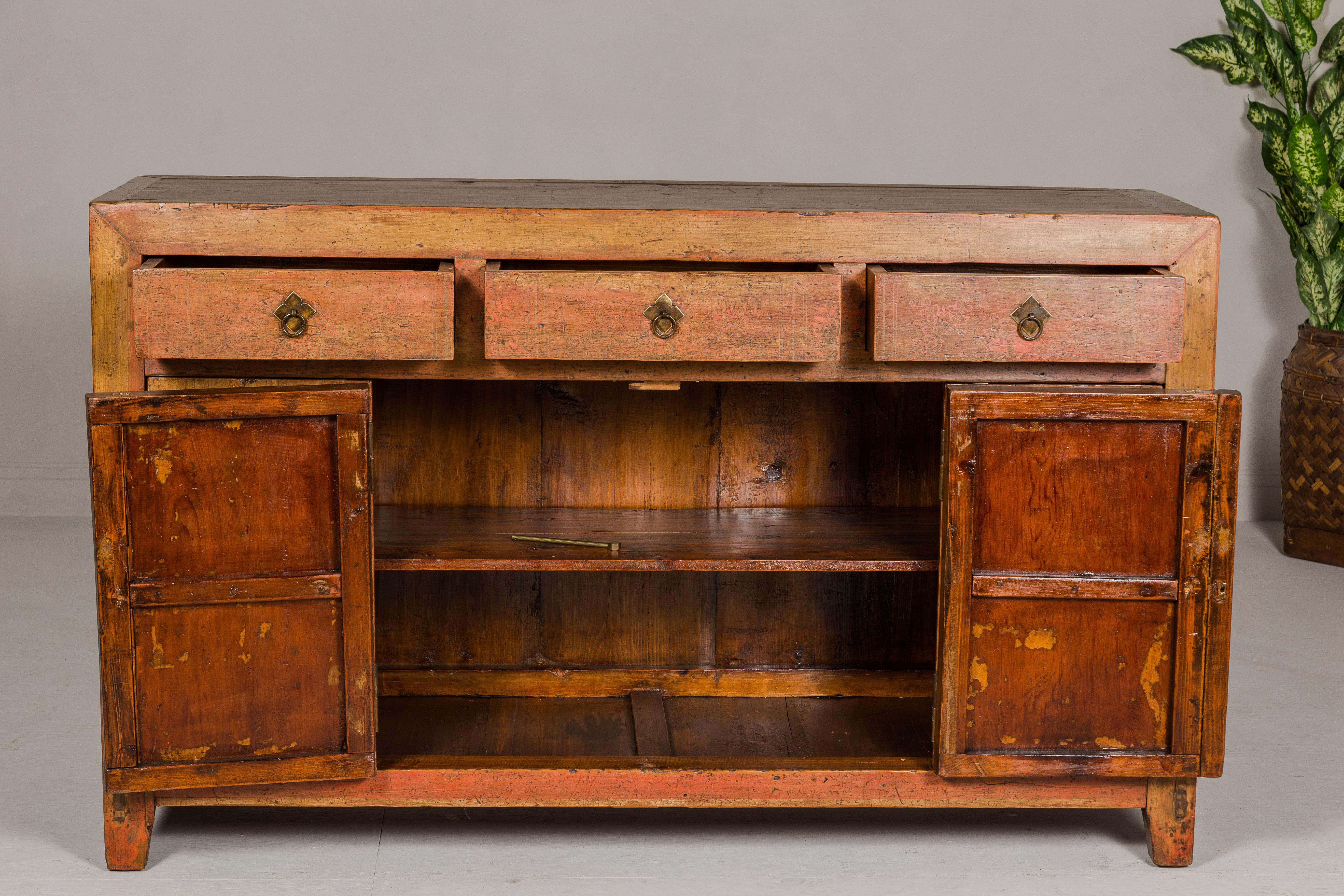 Qing Dynasty Painted Sideboard with Distressed Patina, Three Drawers, Two Doors For Sale 4