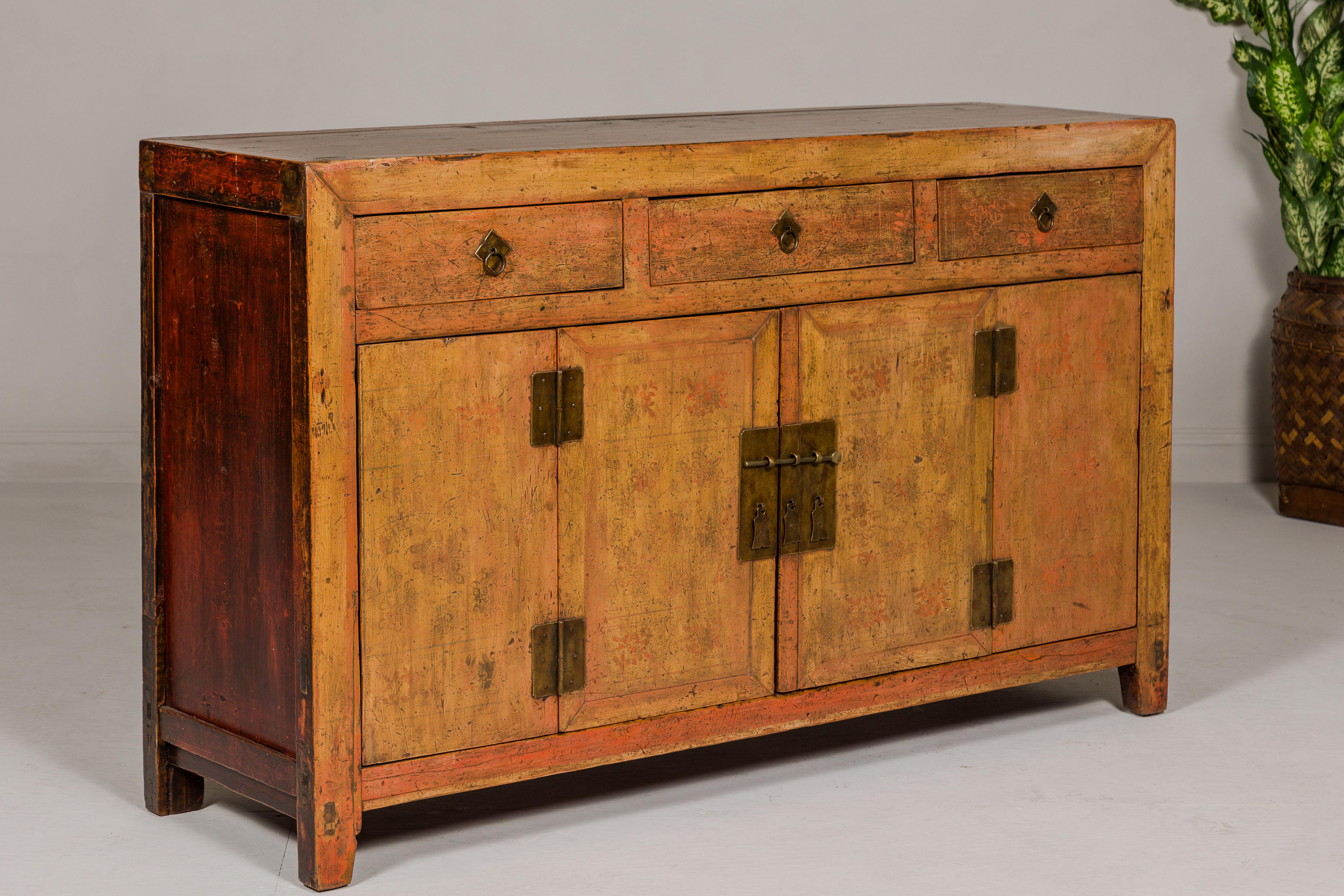 Qing Dynasty Painted Sideboard with Distressed Patina, Three Drawers, Two Doors For Sale 5