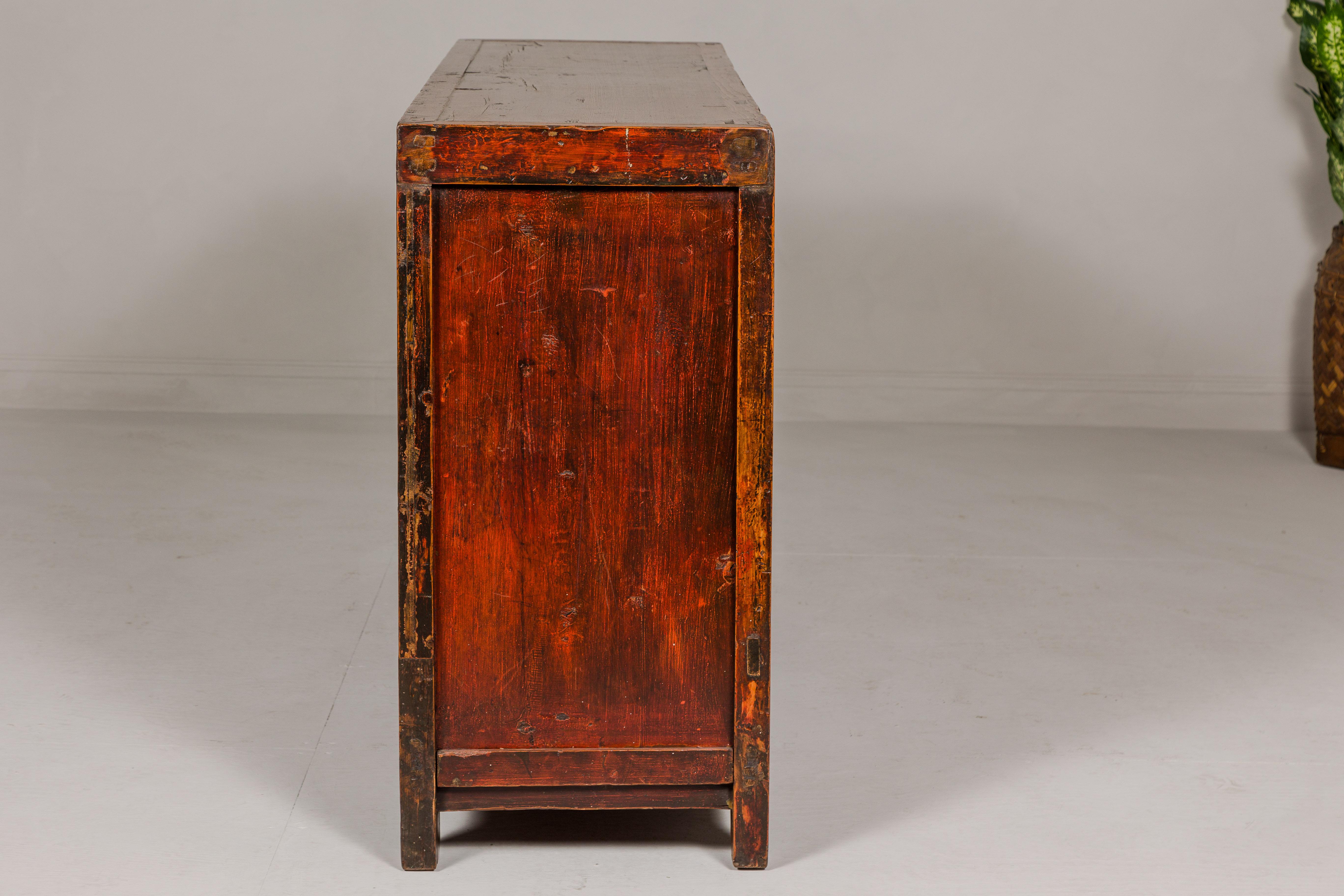 Qing Dynasty Painted Sideboard with Distressed Patina, Three Drawers, Two Doors For Sale 8