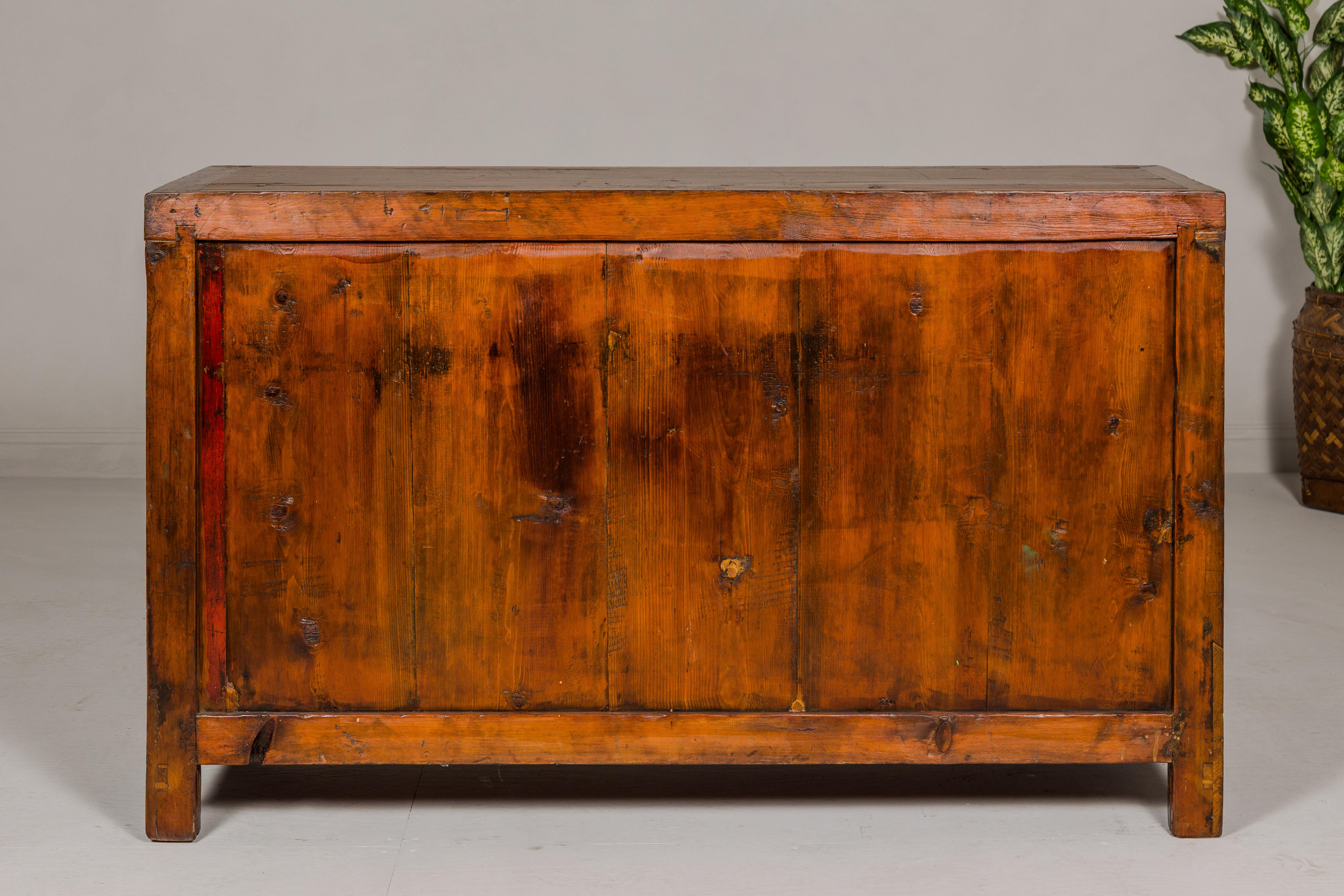 Qing Dynasty Painted Sideboard with Distressed Patina, Three Drawers, Two Doors For Sale 10