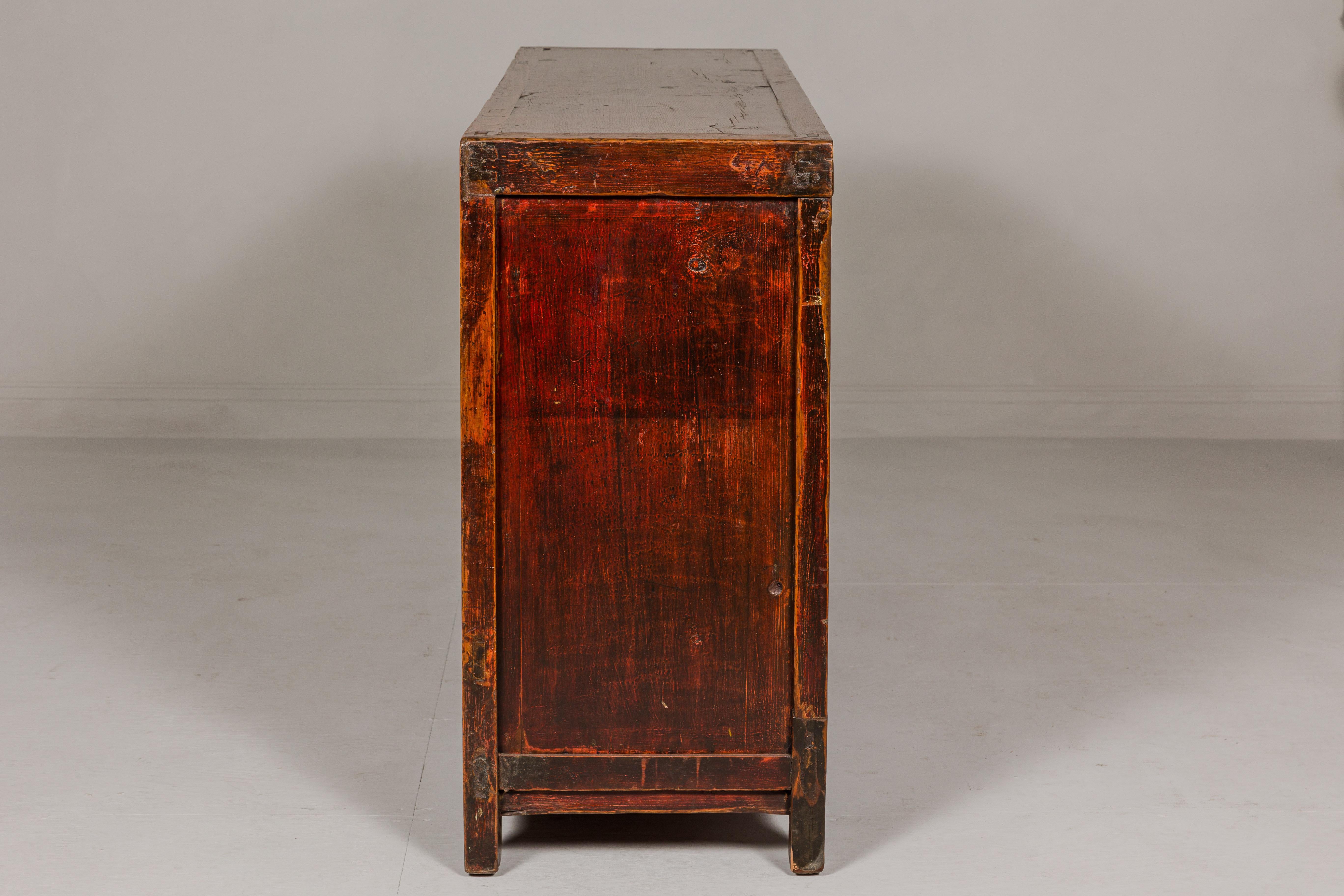 Qing Dynasty Painted Sideboard with Distressed Patina, Three Drawers, Two Doors For Sale 11