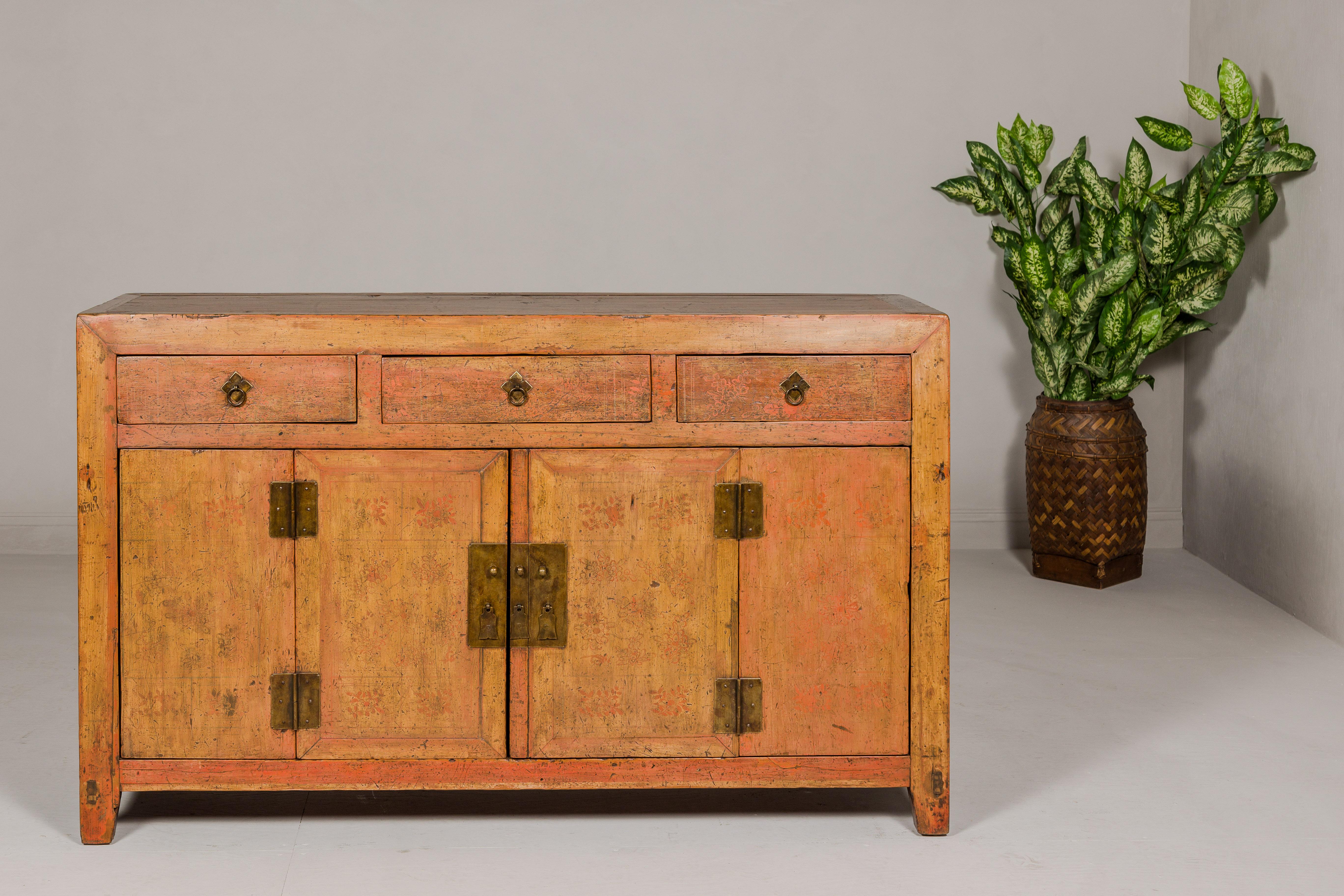 Lacquered Qing Dynasty Painted Sideboard with Distressed Patina, Three Drawers, Two Doors For Sale