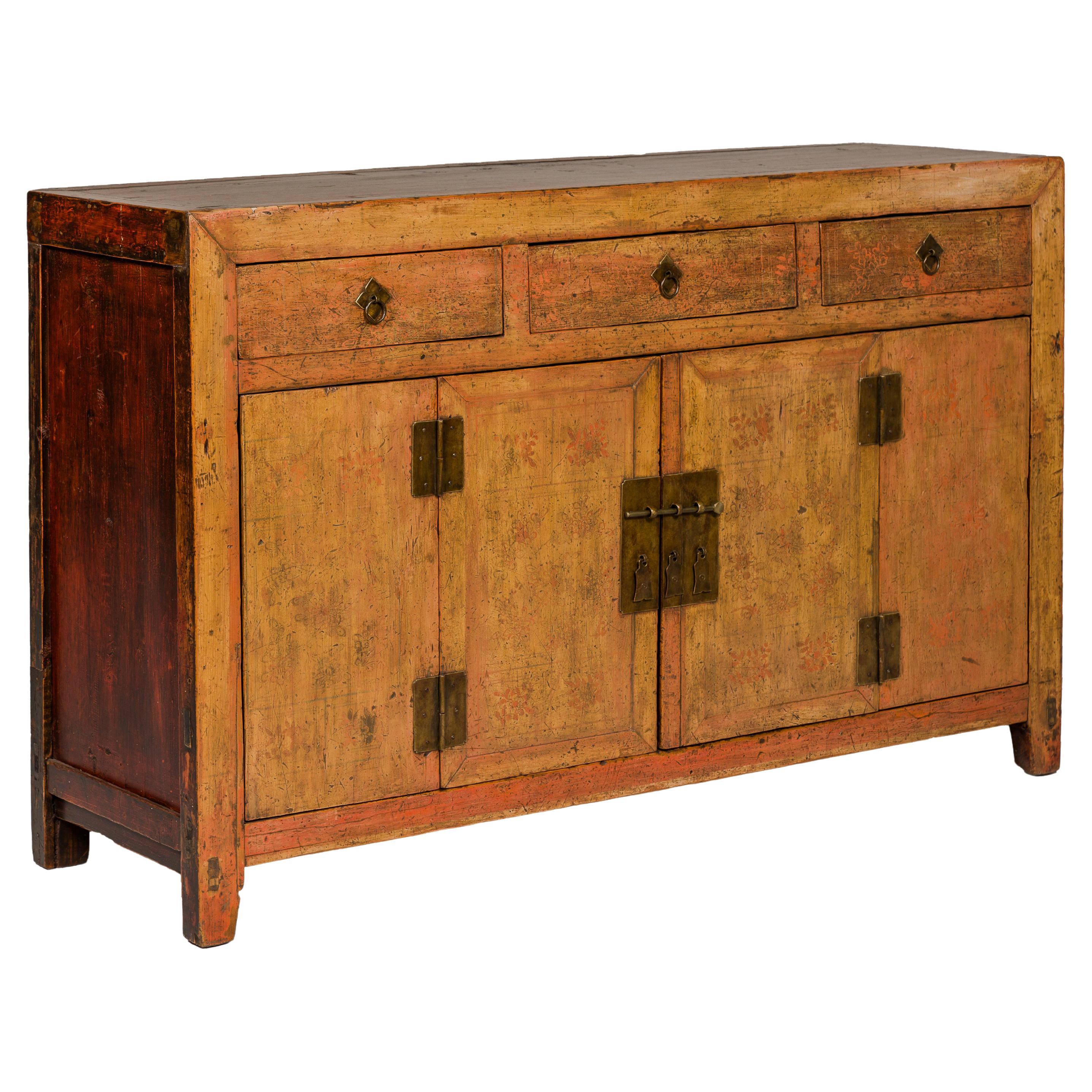 Qing Dynasty Painted Sideboard with Distressed Patina, Three Drawers, Two Doors For Sale